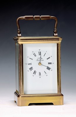 Image Travel clock with half-hour chime, France, 20th century, brass case, faceted on all ...