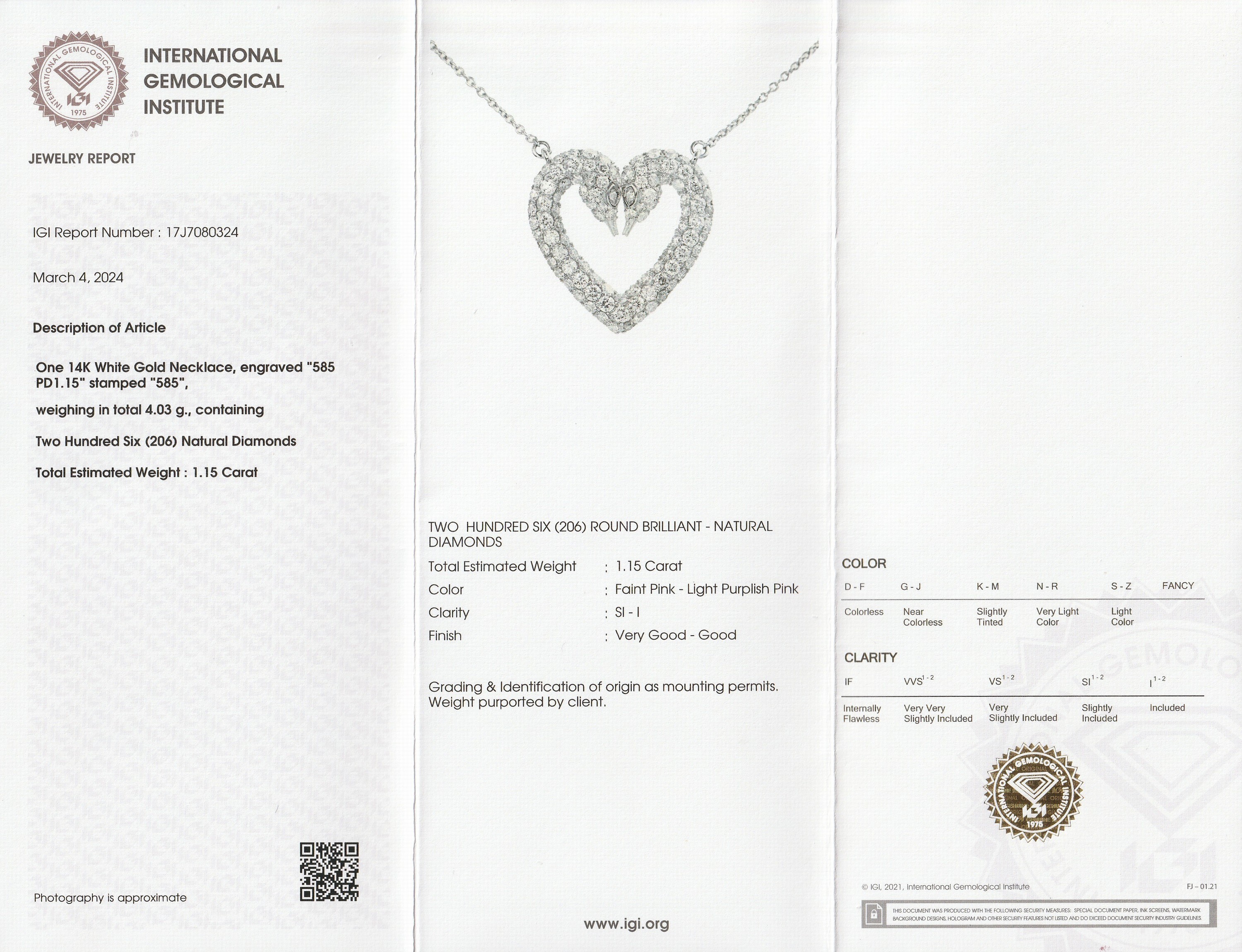 Detail a: 14 kt Gold Brillant-Anhänger, WG 585/000, 2Schwäne, die ein Herz formen, 206 Brillanten zus. ca. 1.15 ct faint pink-light purplish pink/si-p1, ...