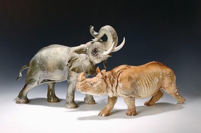 Image 2 large animal figures, elephant and rhinoceros from the series "Serengeti", ...