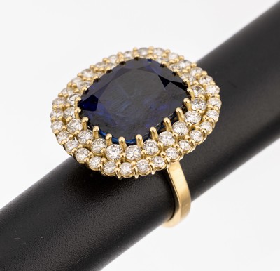 Image 18 kt gold brilliant-sapphire-ring , YG 750/000, oval bevelled sapphire (treated) ...