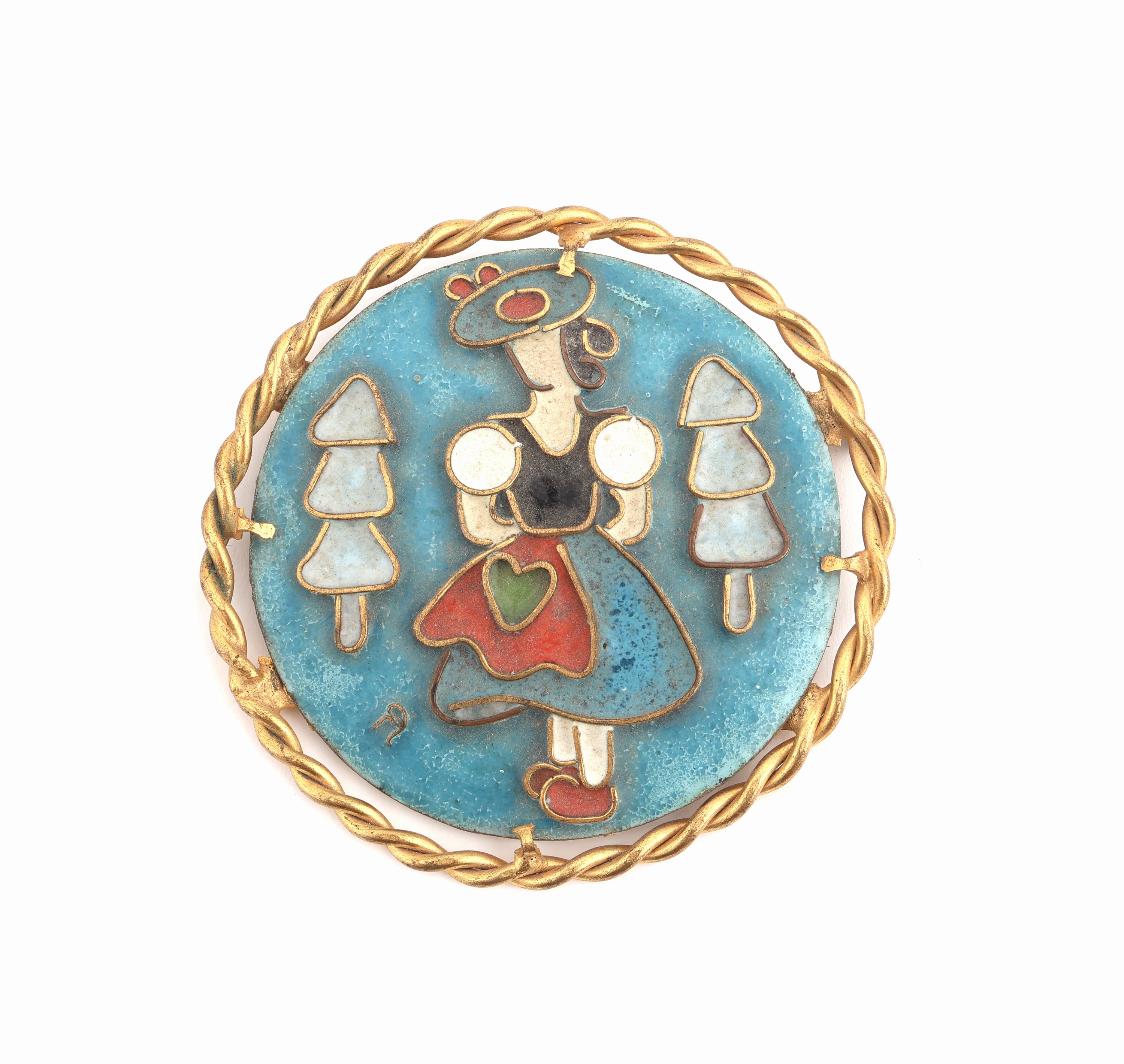 Ausgefallene Brosche, 1950er Jahre, deutsch, Metall verg., mittig ovale Metallplakette mit Email, Darstellung einer Dame in Schwarzwälder Tracht, ...