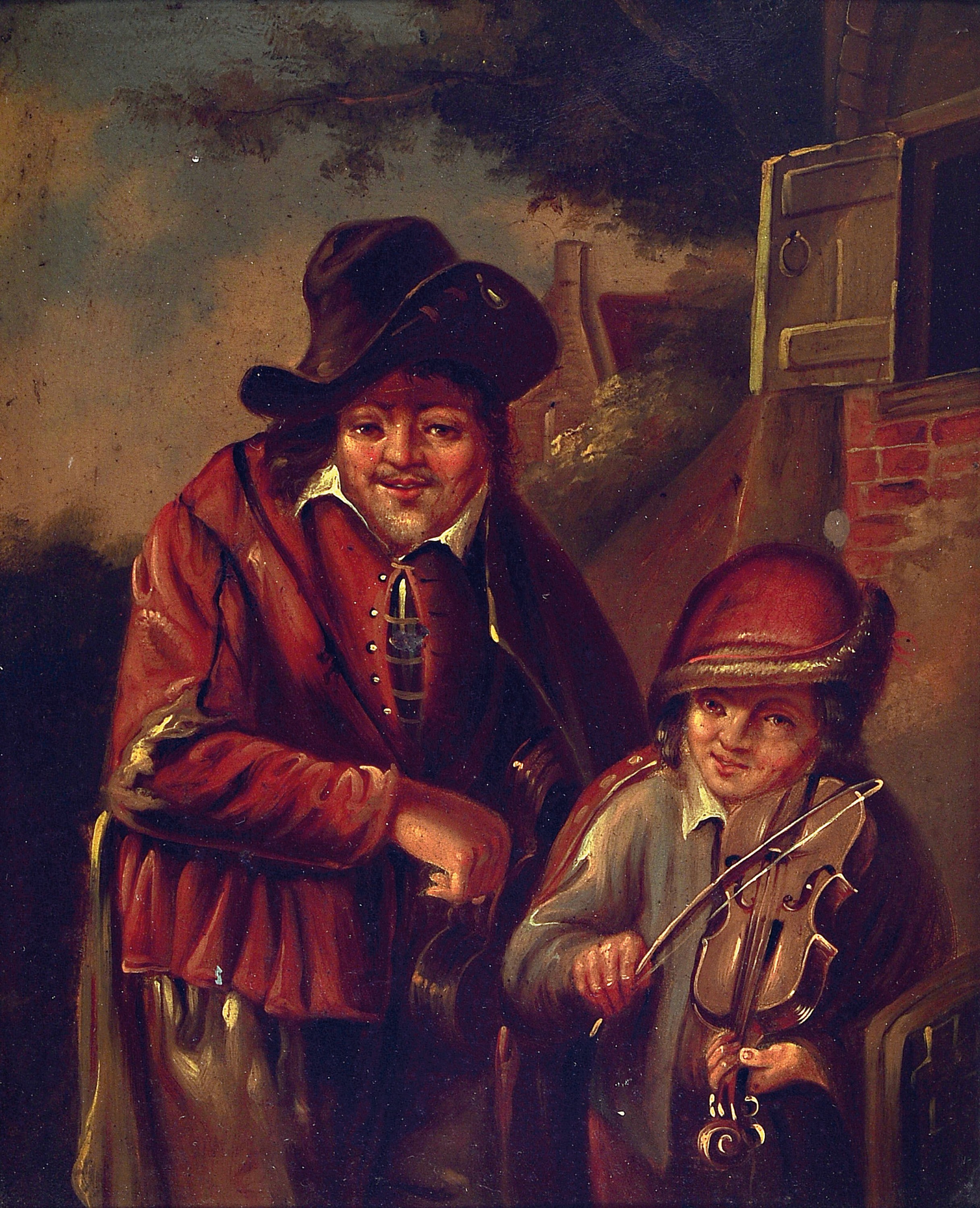 Niederländischer Traditionalist nach David Teniers, 19.Jh., Öl/Kupferplatte, Genre, 2 Straßenmusikanten, unsigniert, 20x17 cm, Rahmen l. best. ...