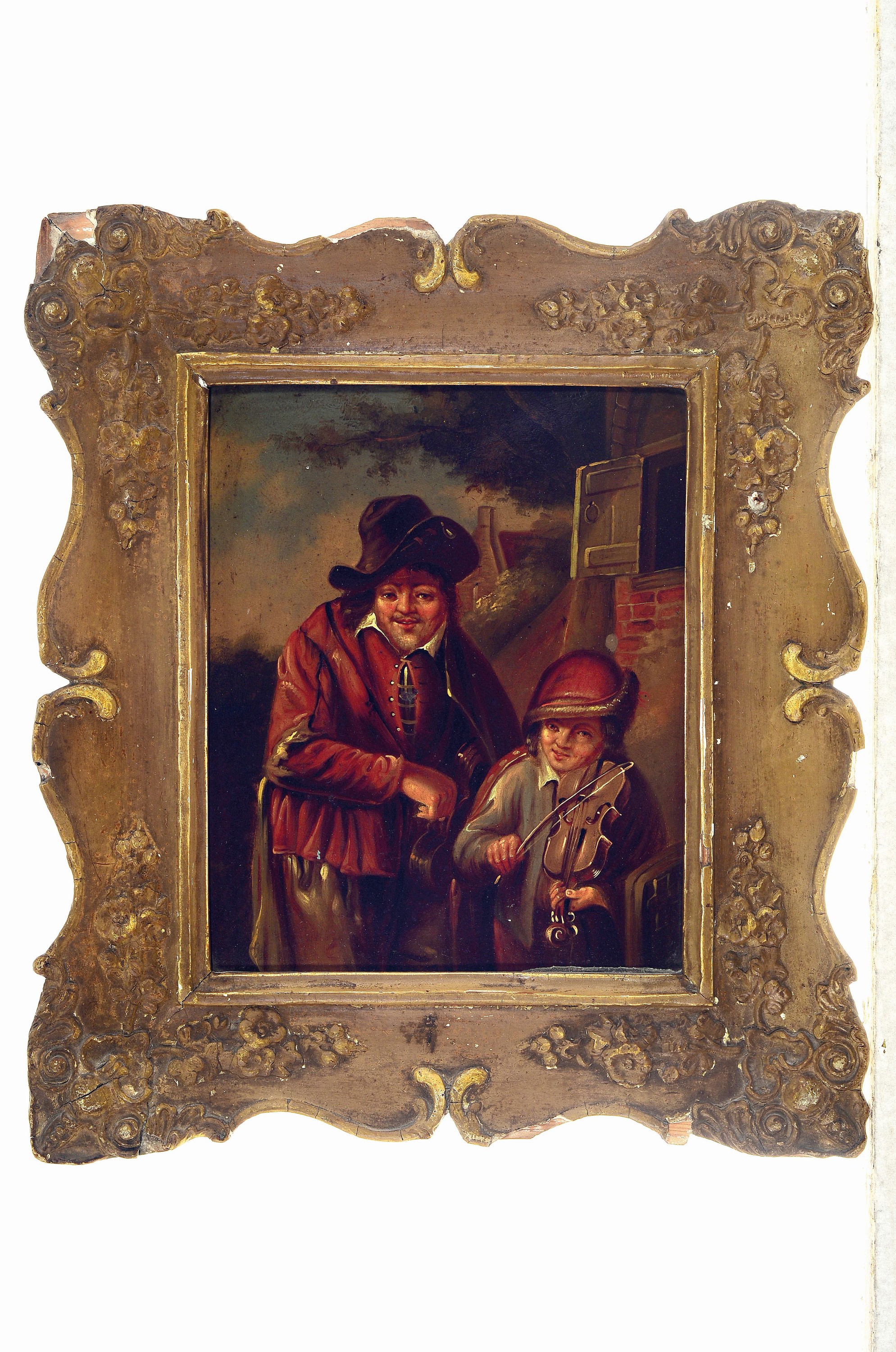 Detail k: Niederländischer Traditionalist nach David Teniers, 19.Jh., Öl/Kupferplatte, Genre, 2 Straßenmusikanten, unsigniert, 20x17 cm, Rahmen l. best. ...