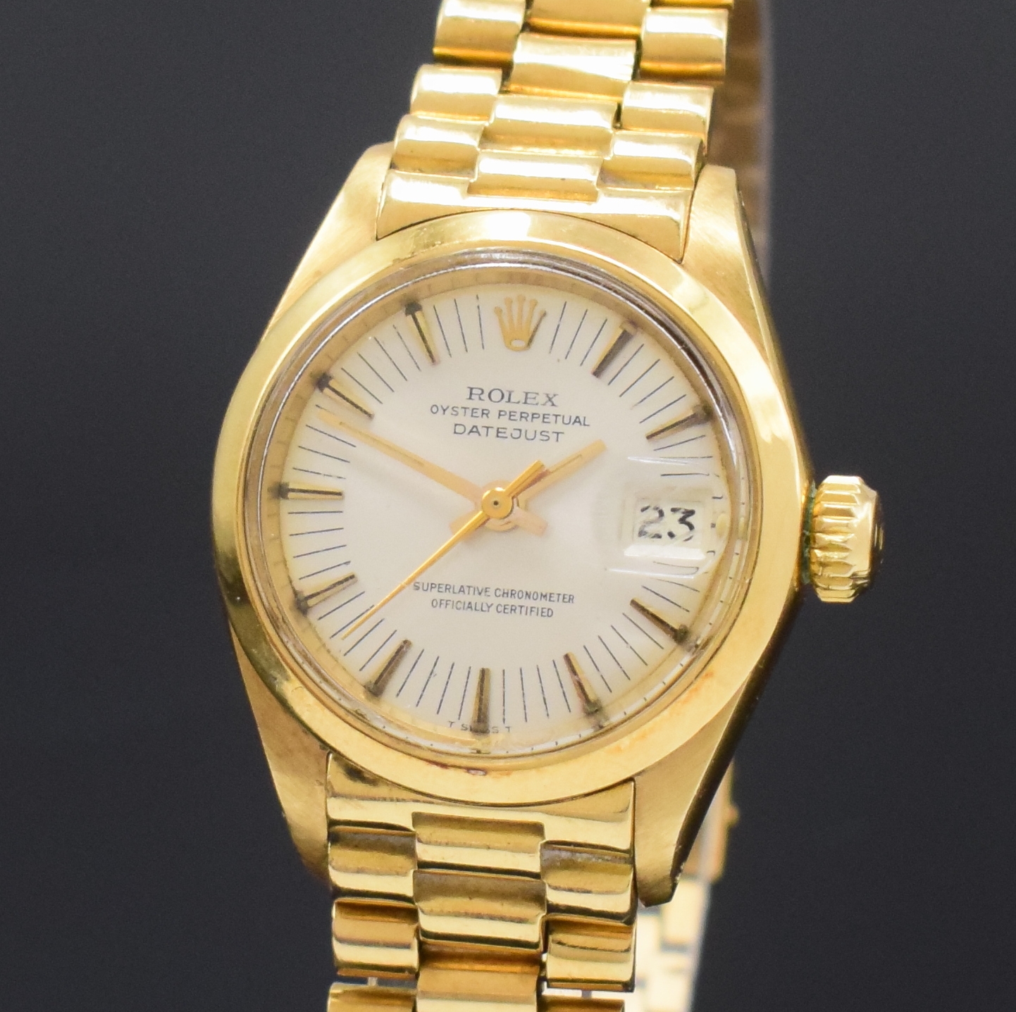 Detail a: ROLEX Datejust Damenarmbanduhr Referenz 6916 in GG 750/000, Schweiz um 1972, Automatik, verschr. Oystergeh., glatte Lünette, orig. Präsidentband m. ...