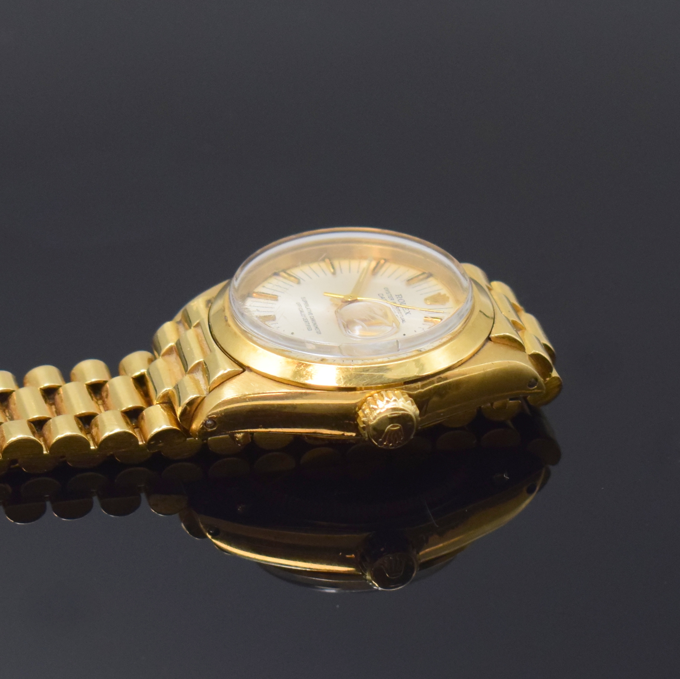 Detail b: ROLEX Datejust Damenarmbanduhr Referenz 6916 in GG 750/000, Schweiz um 1972, Automatik, verschr. Oystergeh., glatte Lünette, orig. Präsidentband m. ...