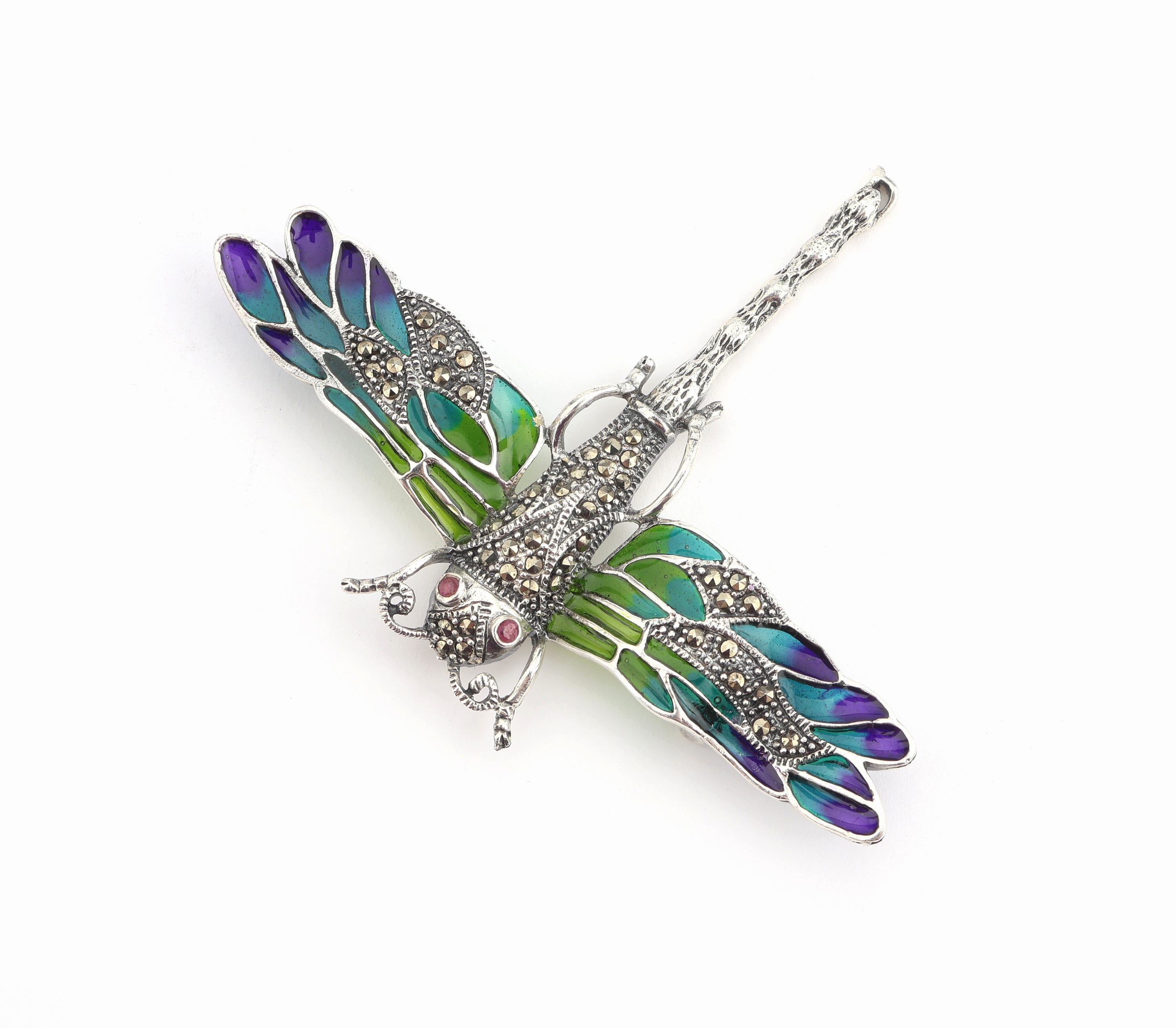 Brosche "Libelle", 925er Silber, Flügel mitFensteremail in lila, blau und grün, Markasitbesatz, ca. 6.5 x 8 cm