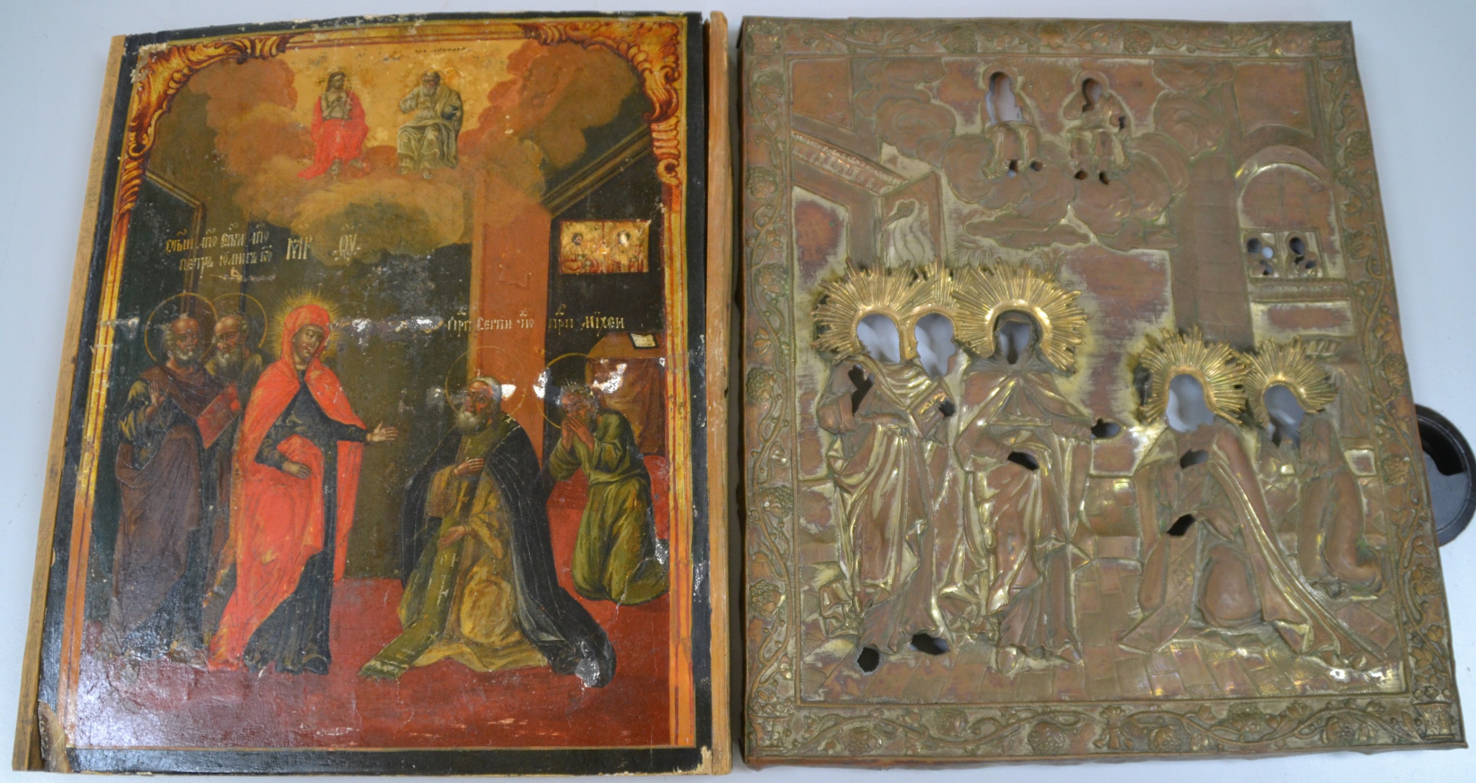 Detail e: 3 Ikonen, Russland, Ende 19.Jh., Kosmopolit Alexey von Moskau, Tempera/Holz, 27x17 cm; Marienikone mit Fürbitter, Messingoklad lose aufliegend, ...