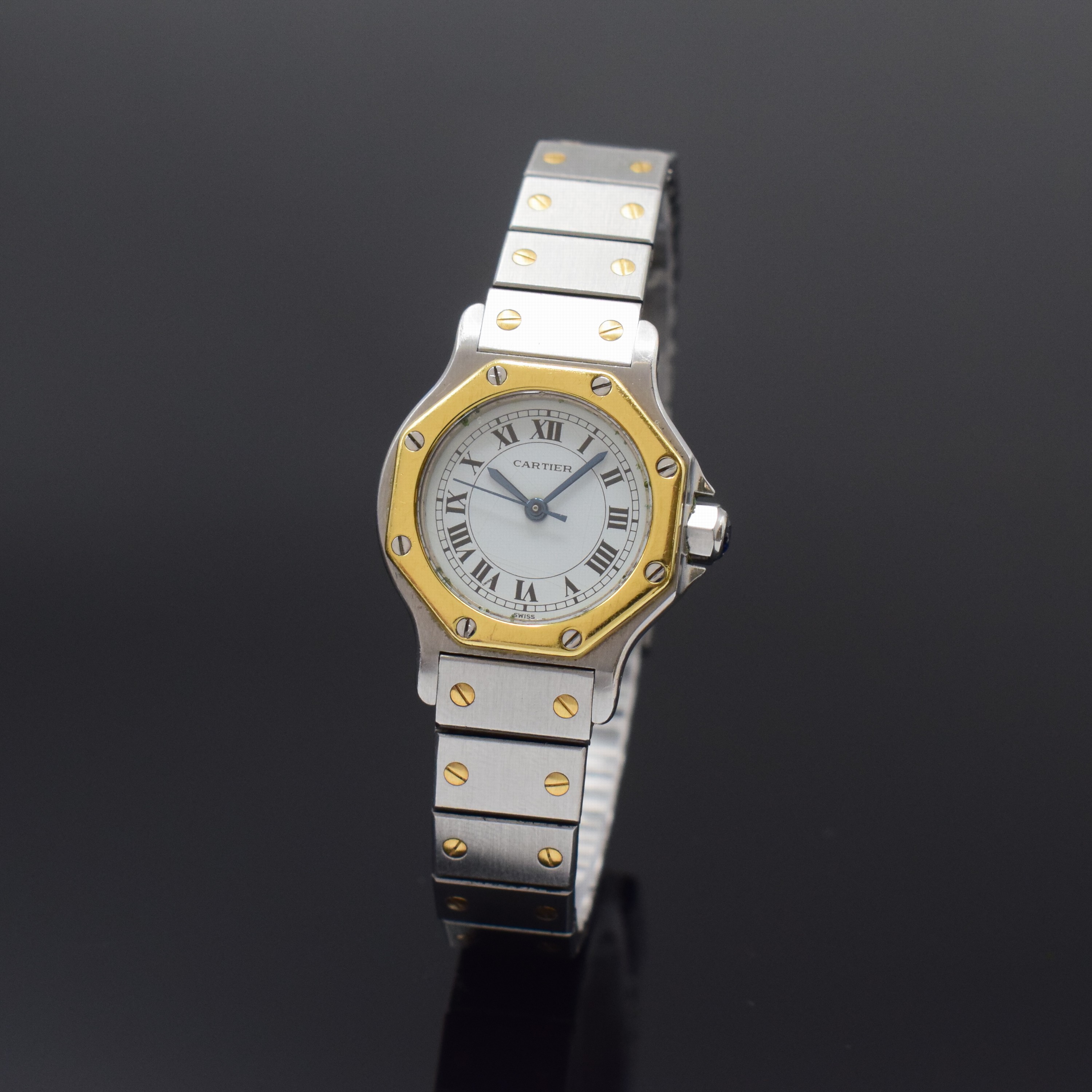 CARTIER Santos Ronde Octagon Damenarmbanduhr in Stahl/Gold, Schweiz um 1985, Automatik, Geh. 8-fach über Lünette verschr., Krone m. Schmuckstein, ...