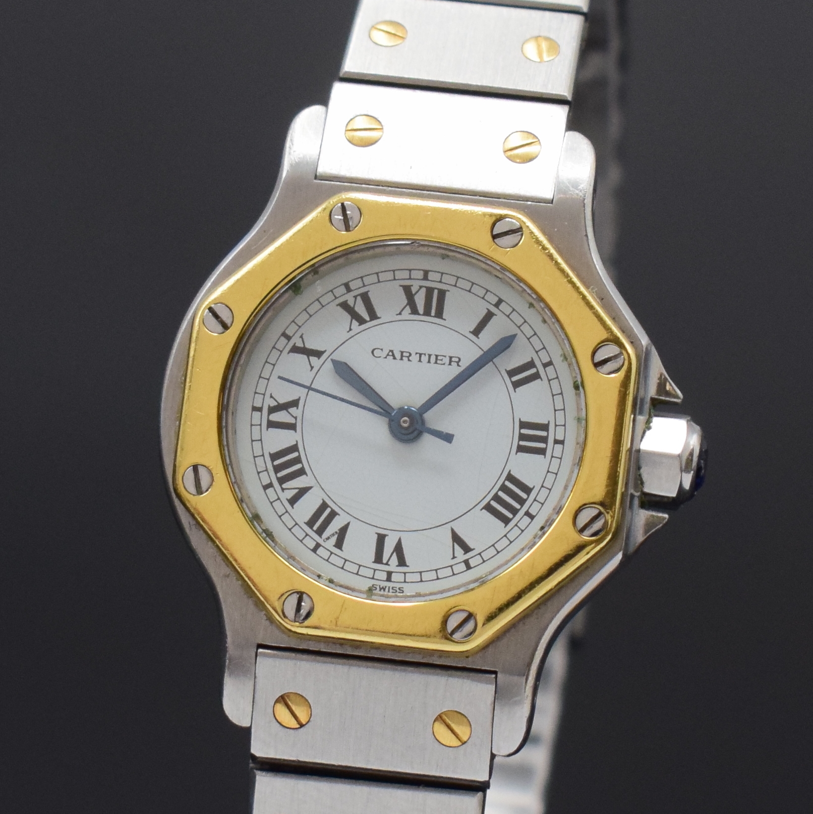 Detail a: CARTIER Santos Ronde Octagon Damenarmbanduhr in Stahl/Gold, Schweiz um 1985, Automatik, Geh. 8-fach über Lünette verschr., Krone m. Schmuckstein, ...