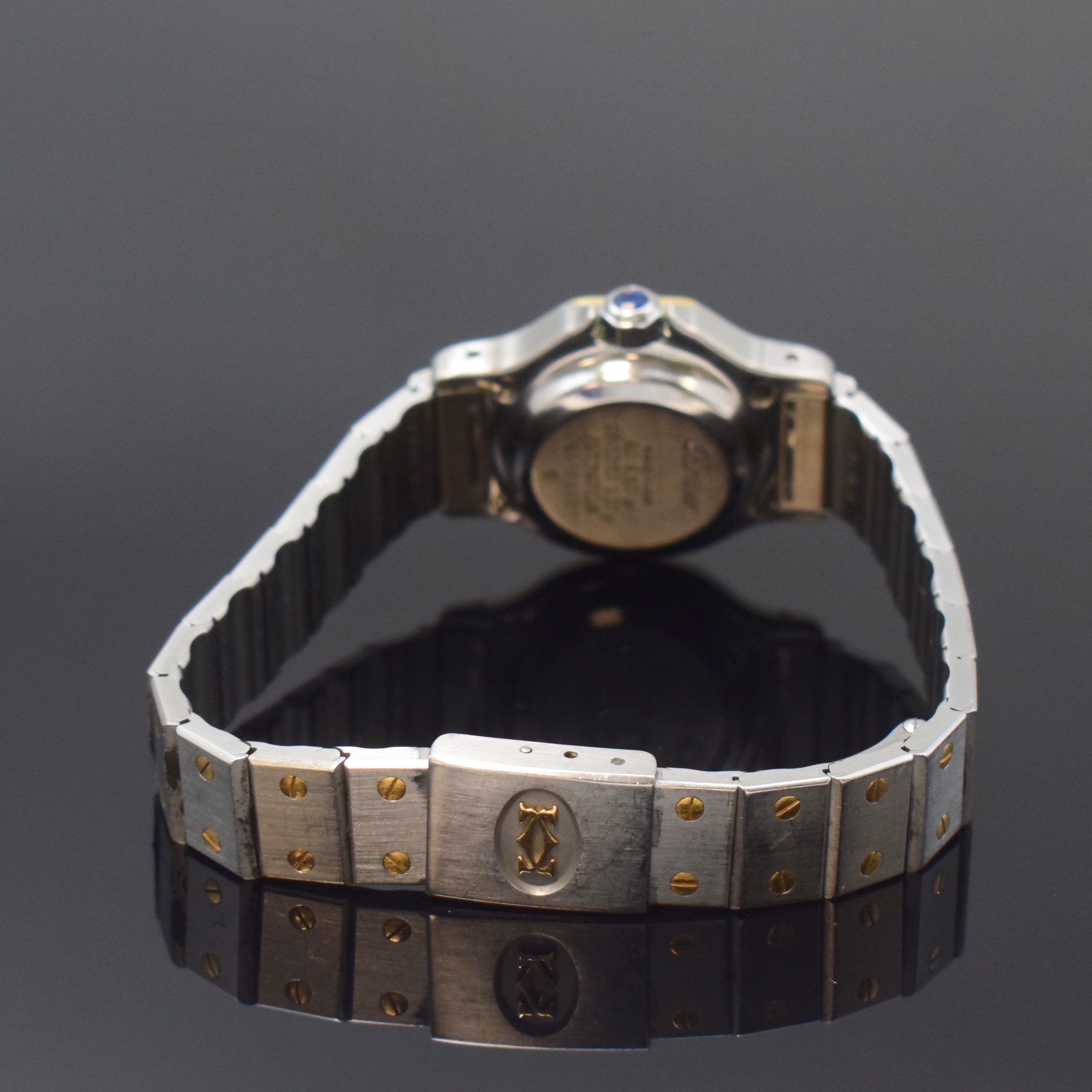 Detail b: CARTIER Santos Ronde Octagon Damenarmbanduhr in Stahl/Gold, Schweiz um 1985, Automatik, Geh. 8-fach über Lünette verschr., Krone m. Schmuckstein, ...