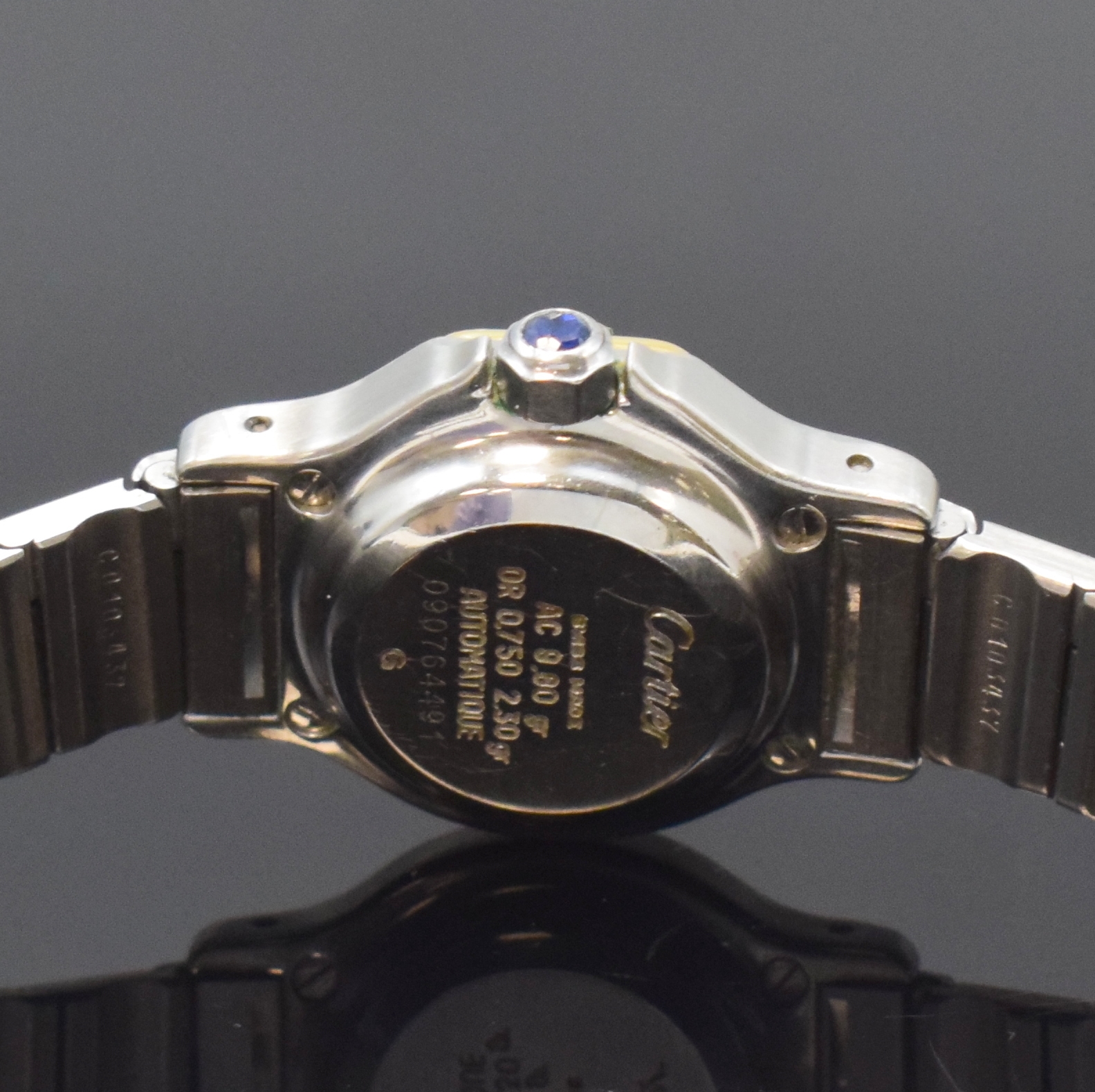 Detail d: CARTIER Santos Ronde Octagon Damenarmbanduhr in Stahl/Gold, Schweiz um 1985, Automatik, Geh. 8-fach über Lünette verschr., Krone m. Schmuckstein, ...