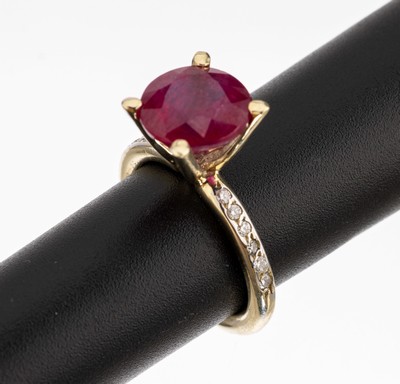 Image 14 kt gold ruby brilliant ring , YG 585/000,round bevelled ruby (treated) approx. 5.60 ...