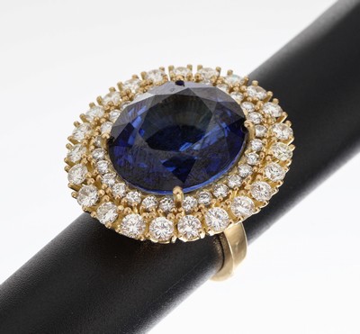 Image 18 kt gold brilliant sapphire ring , YG 750/000, oval bevelled sapphire (treated) ...