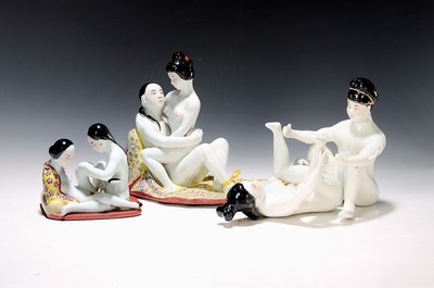 Image 3 erotic figurine groups, China, 20th century,porcelain, painted in colors, 3 different ...