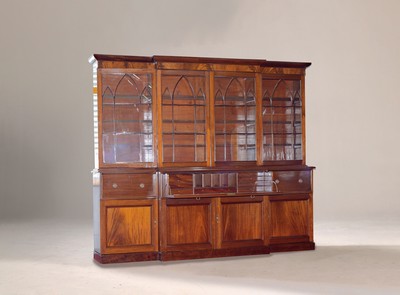 Image Breakfront book case / bookcase, England, Victorian, around 1850, solid mahogany, cornice ...