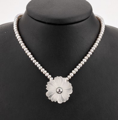 Image Cultured pearl-necklace with rock crystal - clip pendant, necklace with out of round ...