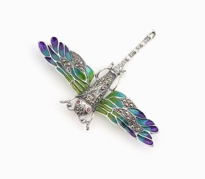 Image Brooch "dragonfly" , silver 925, wings with plique-a-jour enamel in purple, ...