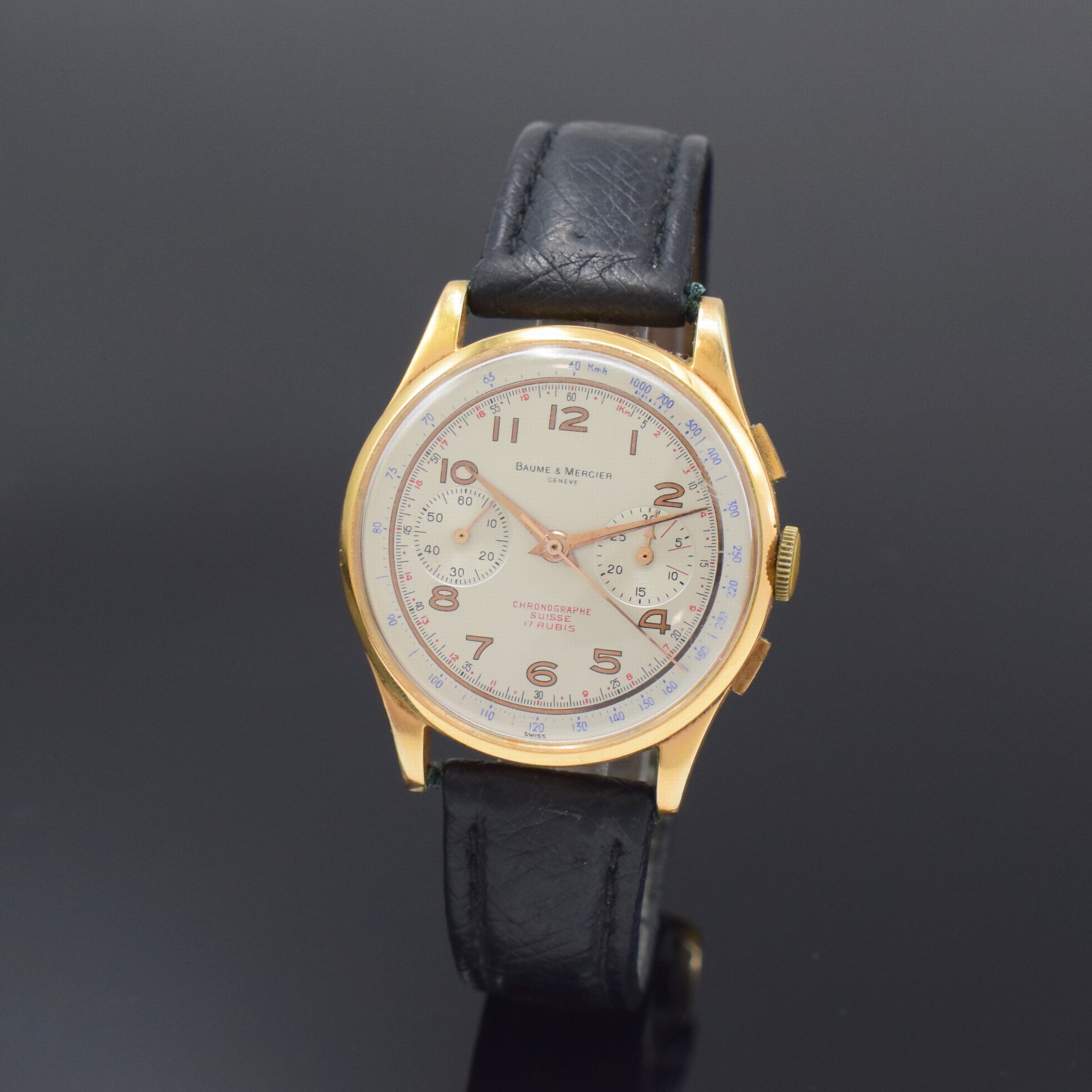 CHRONOGRAPH SUISSE Armbandchronograph in RG 750/000, Schweiz um 1945, Handaufzug, Goldgeh. l. dell. m. Metall-Innengeh., Boden u. Glasrand aufgedr., ...