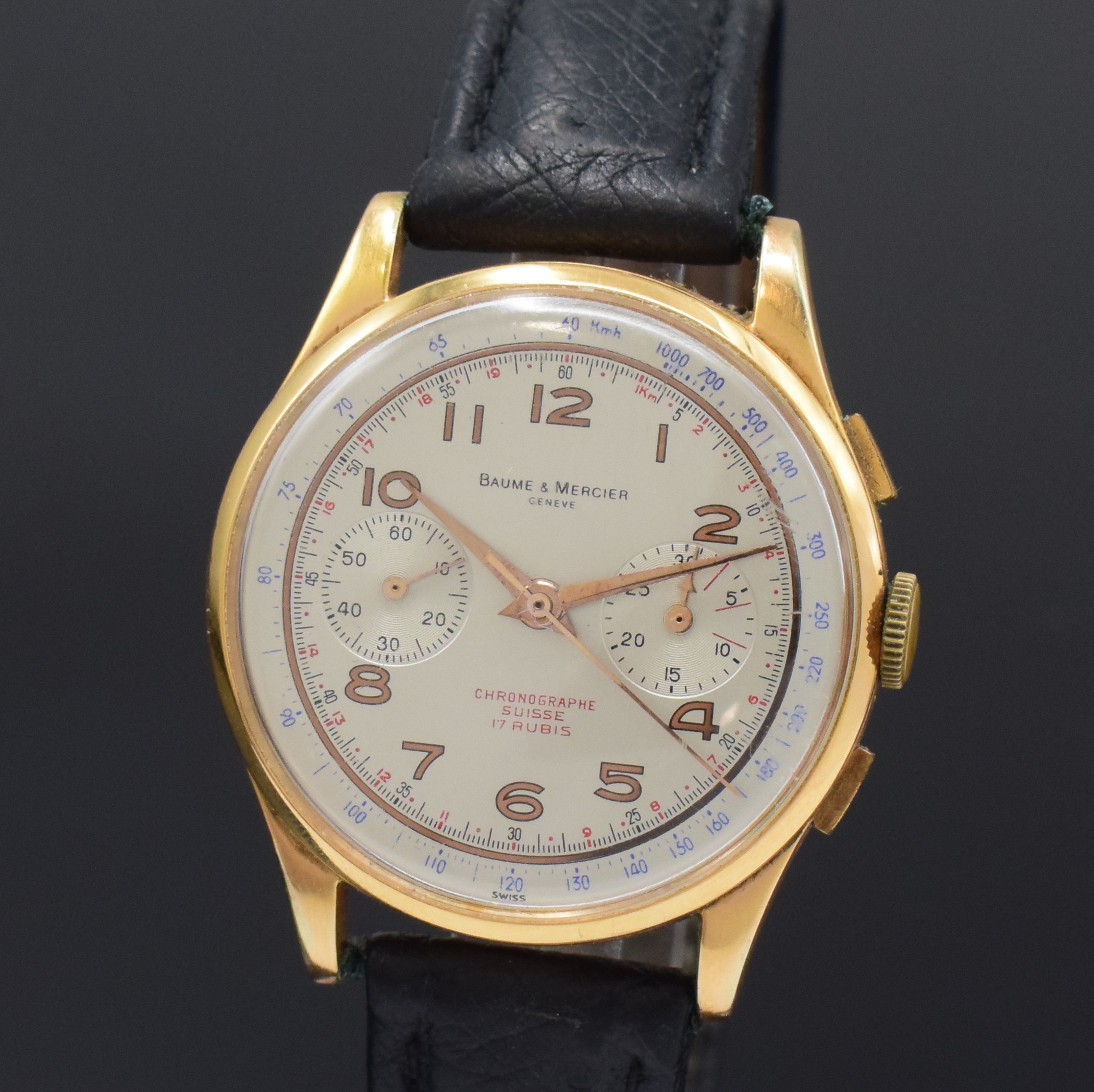 Detail a: CHRONOGRAPH SUISSE Armbandchronograph in RG 750/000, Schweiz um 1945, Handaufzug, Goldgeh. l. dell. m. Metall-Innengeh., Boden u. Glasrand aufgedr., ...