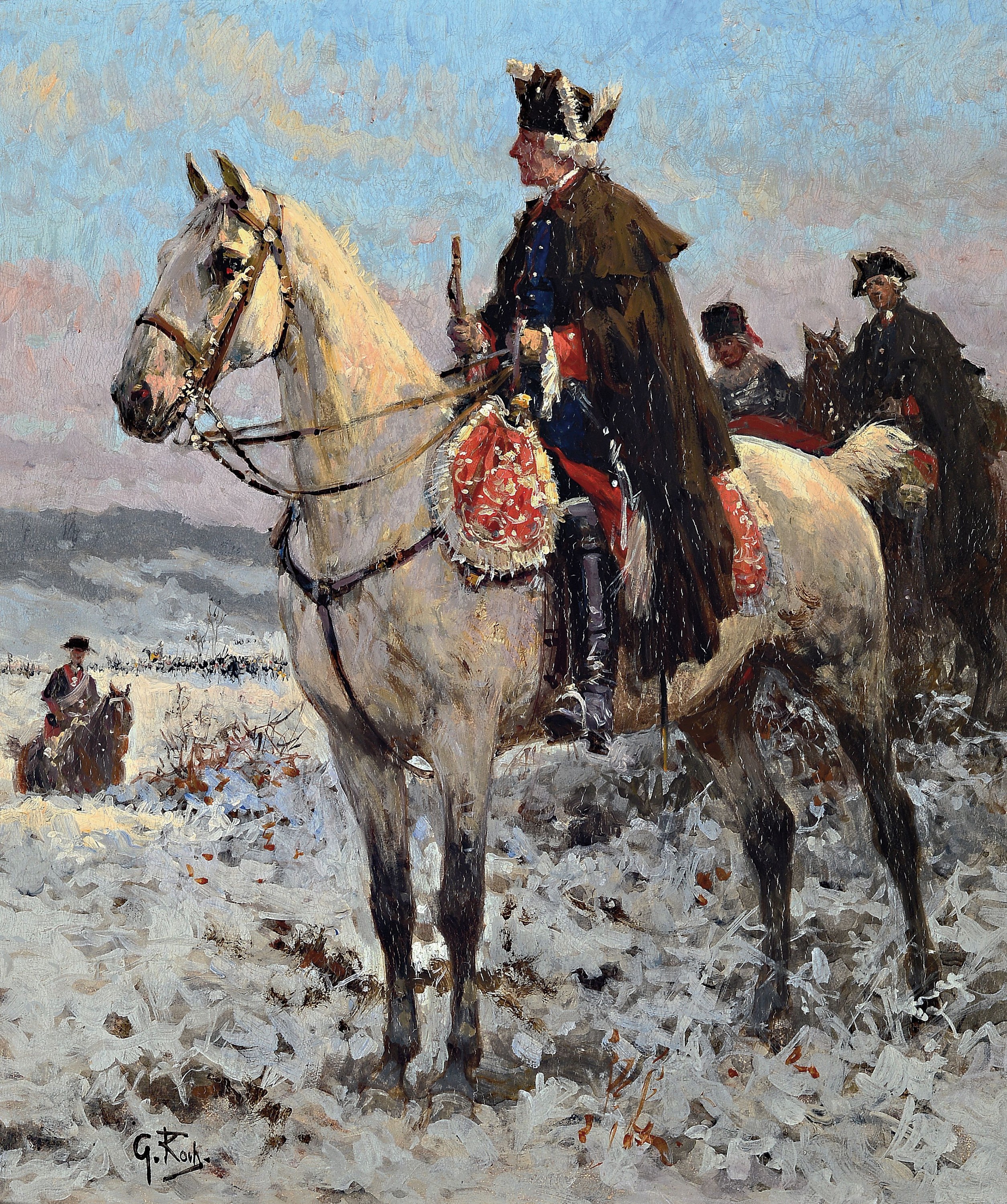 Prof. Georg Koch, 1857-1927 Berlin, Reiterbildnis Friedrich II. (Alter Fritz) in verschneiter Landschaft, gestaffelter Hintergrund mit Generälen zu ...
