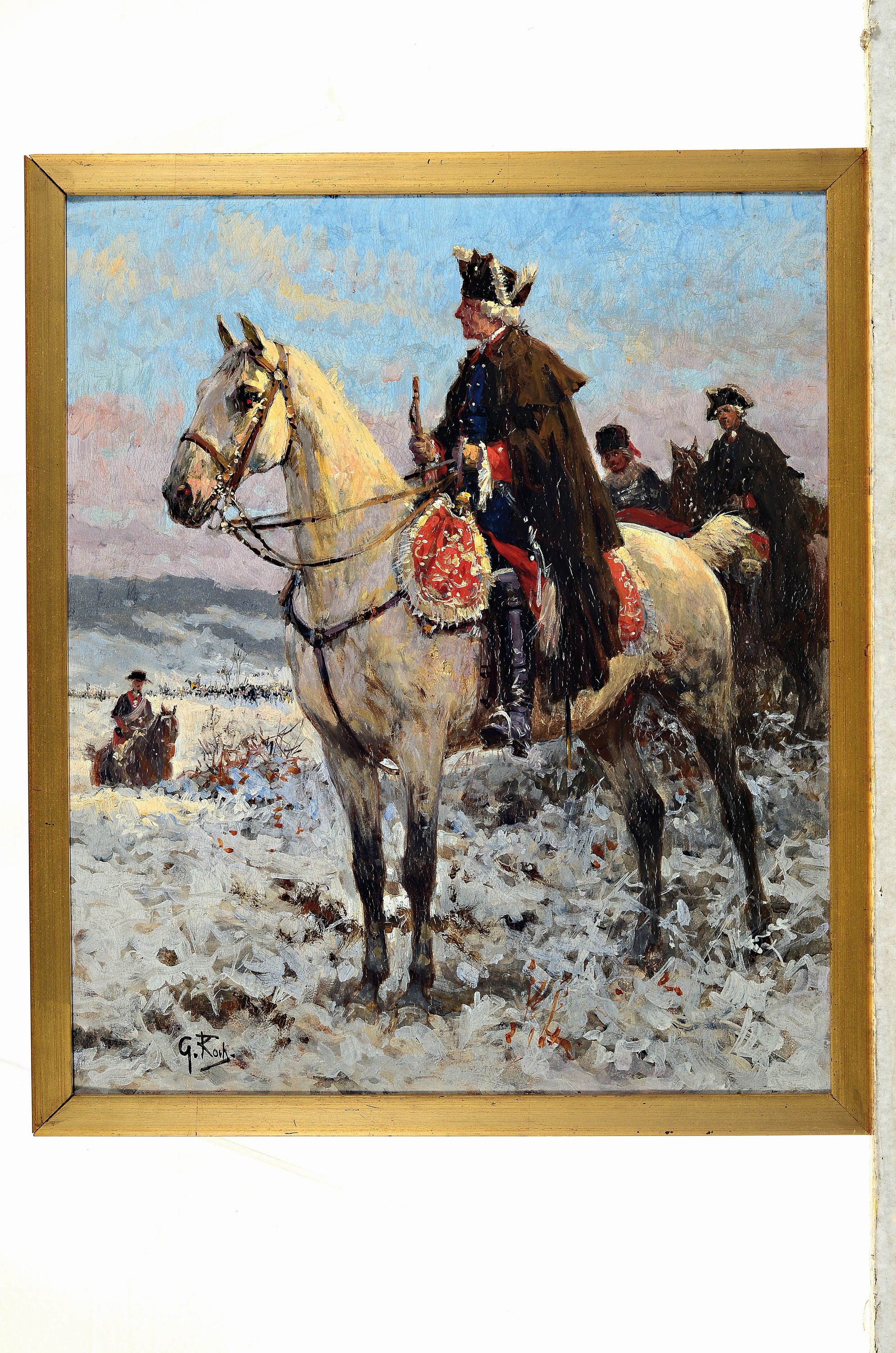Detail k: Prof. Georg Koch, 1857-1927 Berlin, Reiterbildnis Friedrich II. (Alter Fritz) in verschneiter Landschaft, gestaffelter Hintergrund mit Generälen zu ...