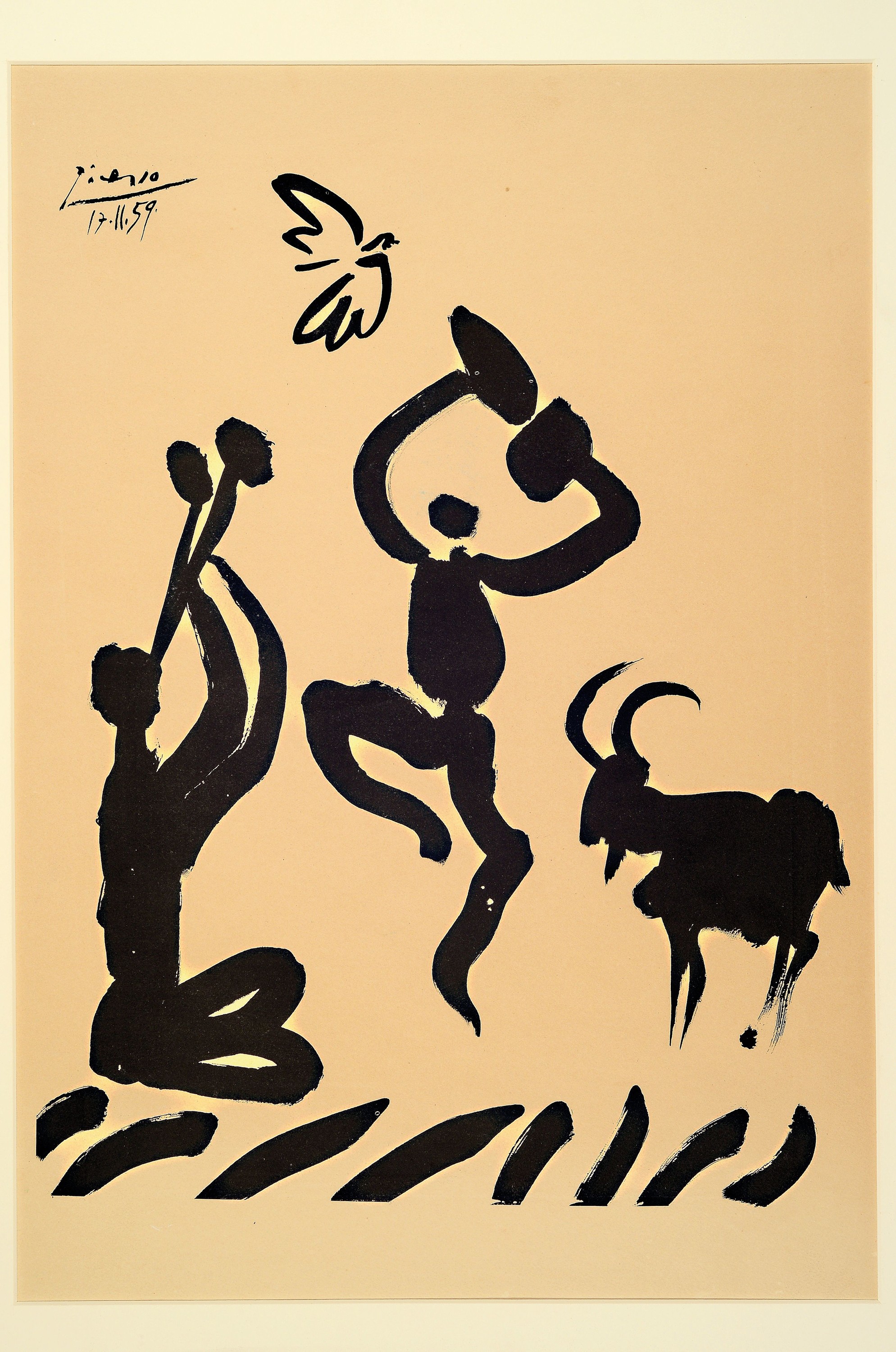 Nach Pablo Picasso, 1881-1973, Lithographie,"La Danse du Berger", 1959, auf Chiffon, nach einer Pinsel-Zeichnung, 56x38 cm, unter PP