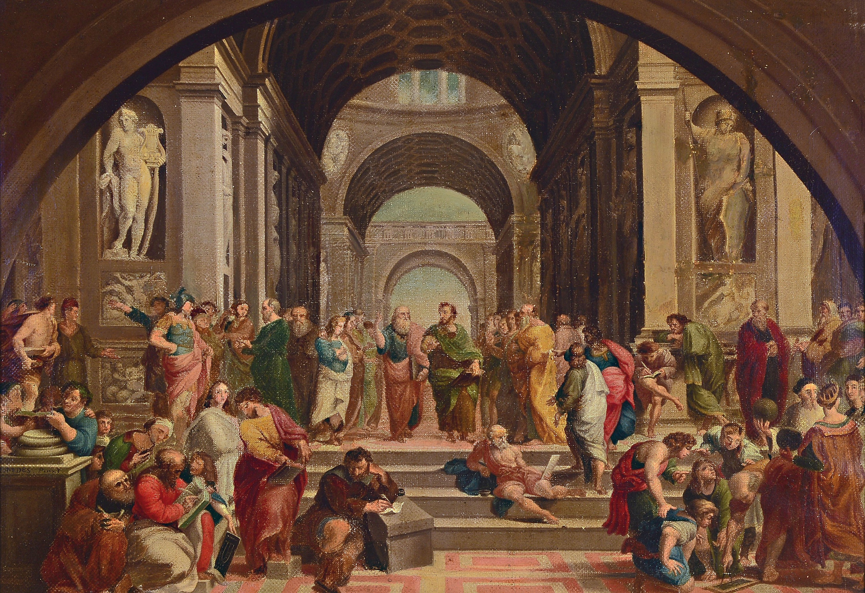 Nachfolge Anthonie Palamedesz (1601-1673), Schule von Athen, nach Raffaels Fresko in den Stanzen Rom, restauriert, doubliert und retouschiert, ...