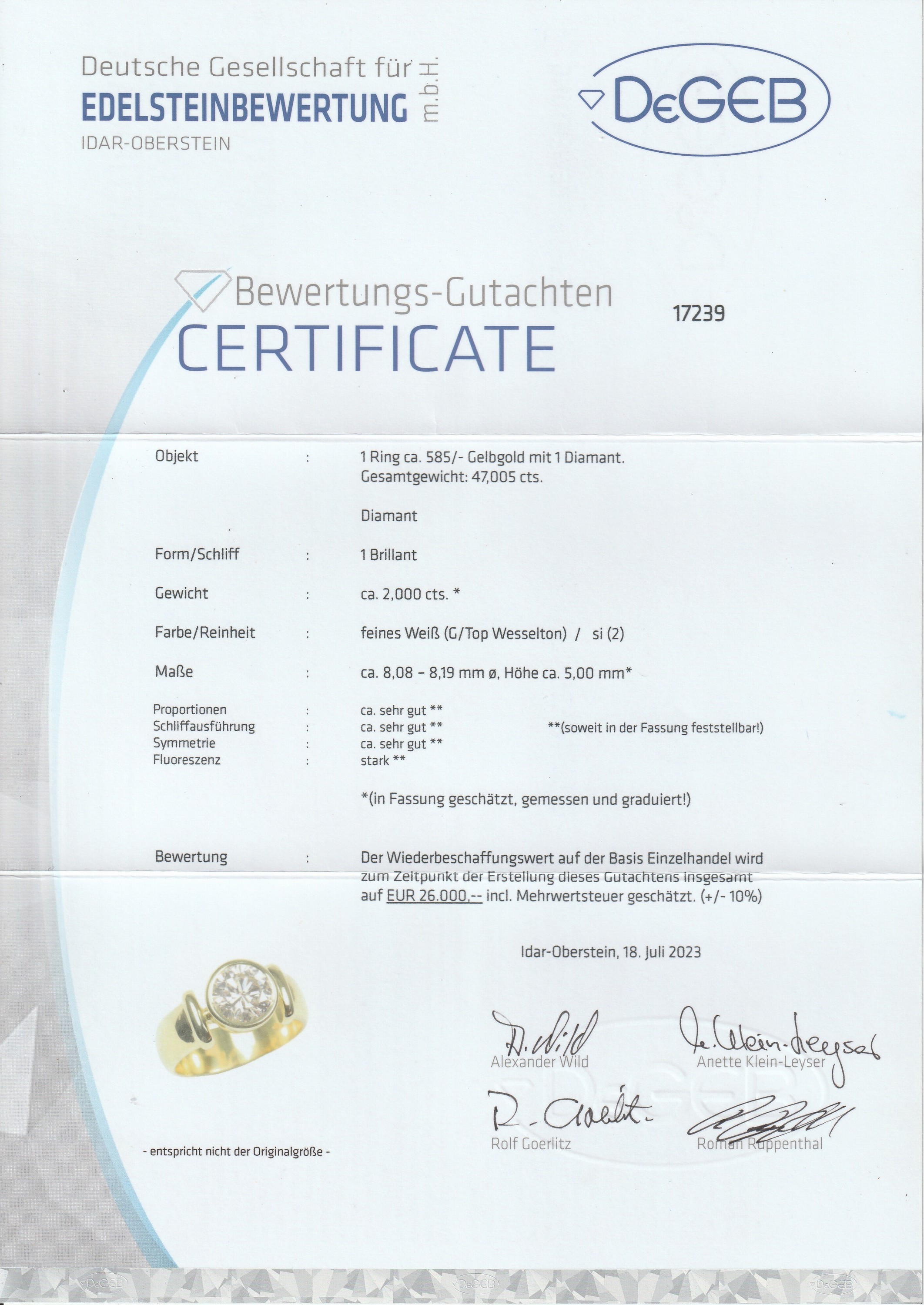 Detail a: 14 kt Gold Brillant-Ring, GG 585/000, Brillant ca. 2.00 ct feines Weiß(G)/si2, RW 56, ca. 9.4 g, DEGEB Expertise anbei
