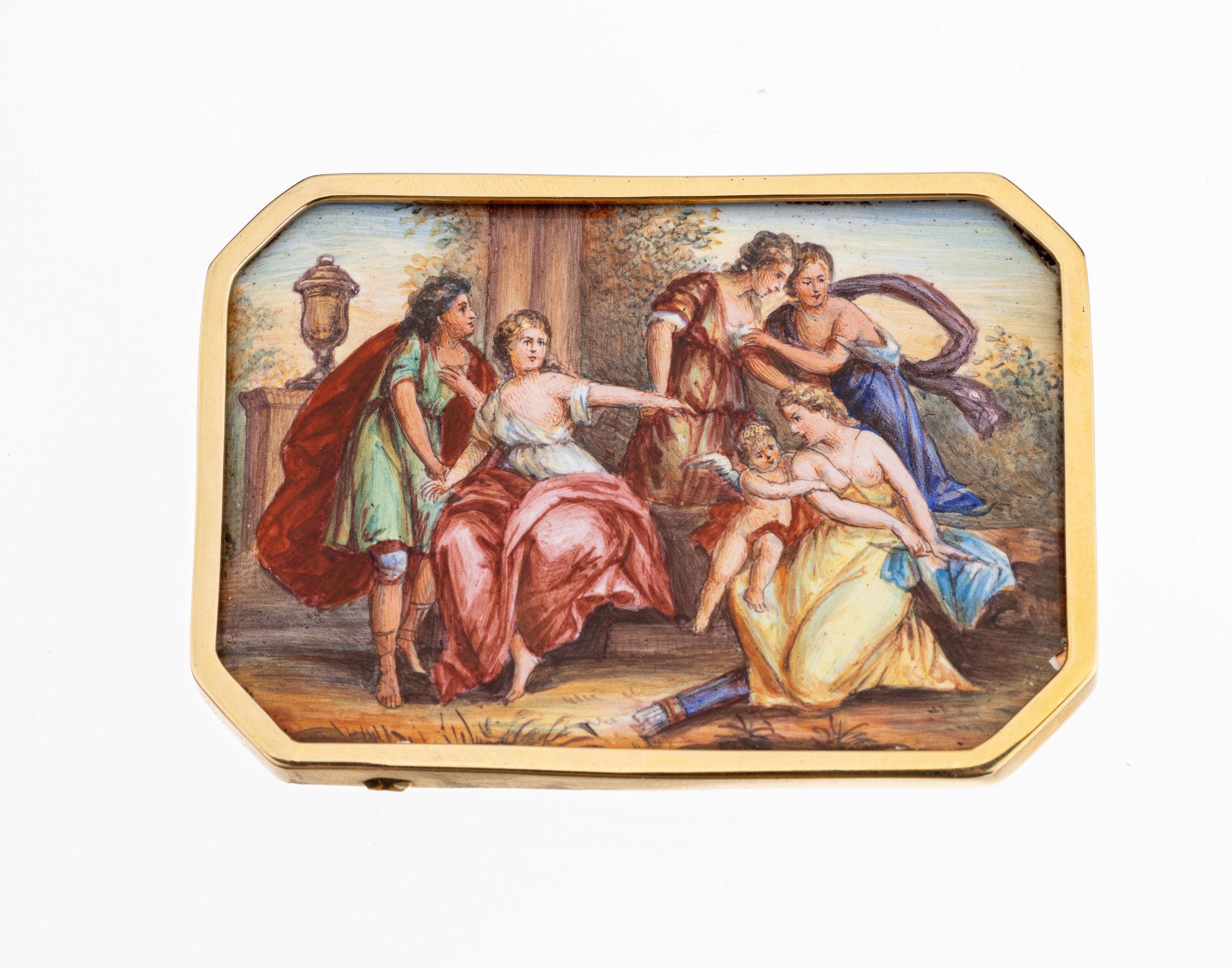 14 kt Gold Miniaturmalerei-Brosche, GG 585/000, oktogonale Miniaturmalerei auf Kupferplatte, Emailmalerei um 1880, Darstellung nach antikem Vorbild, ...