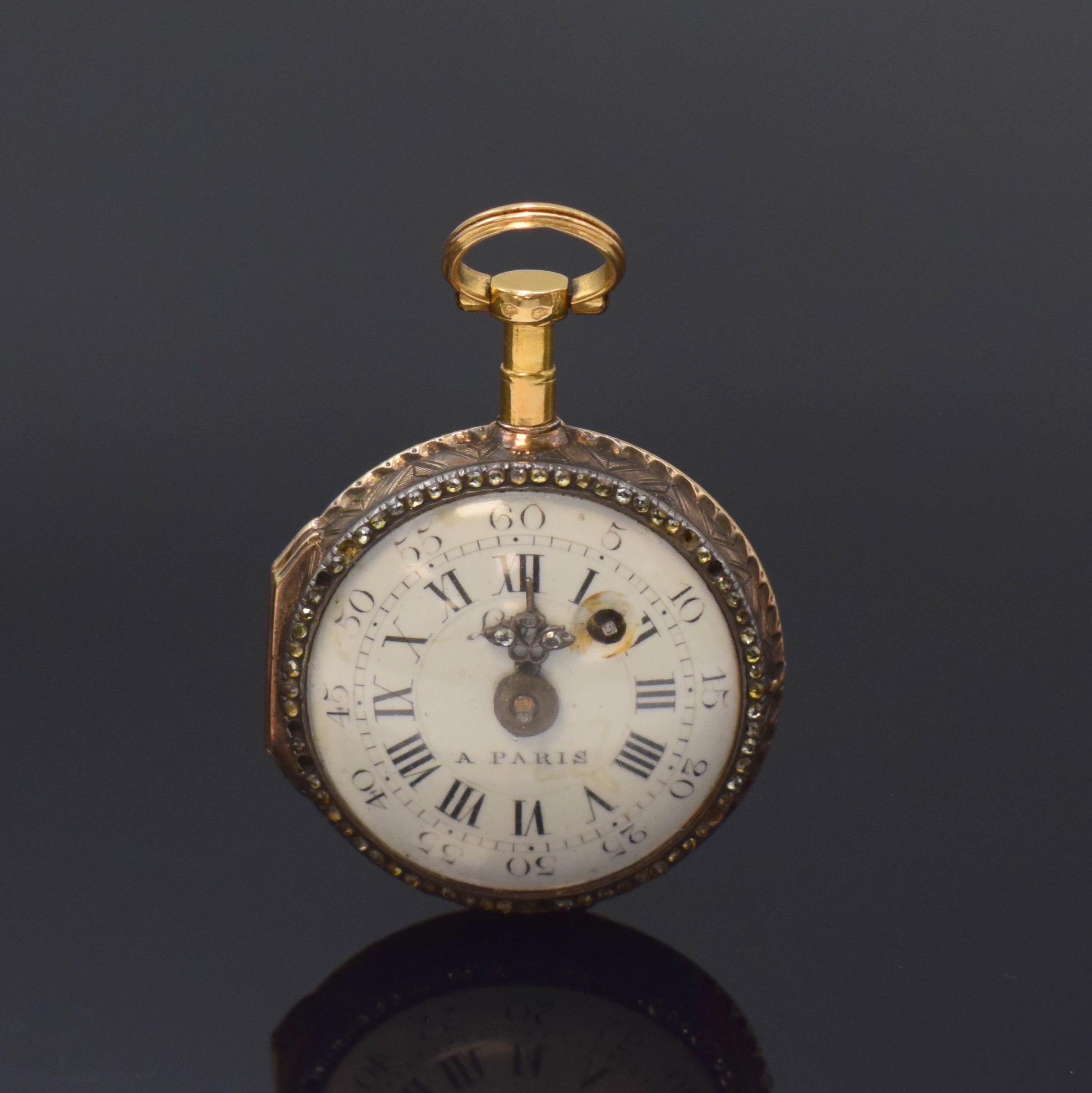 LEPINE kleine Email-Spindeltaschenuhr in Gold, Frankreich um 1780, Schlüsselaufzug, grav. Geh. m. lang. Pendant, grosses Aussenscharnier, rücks. ...