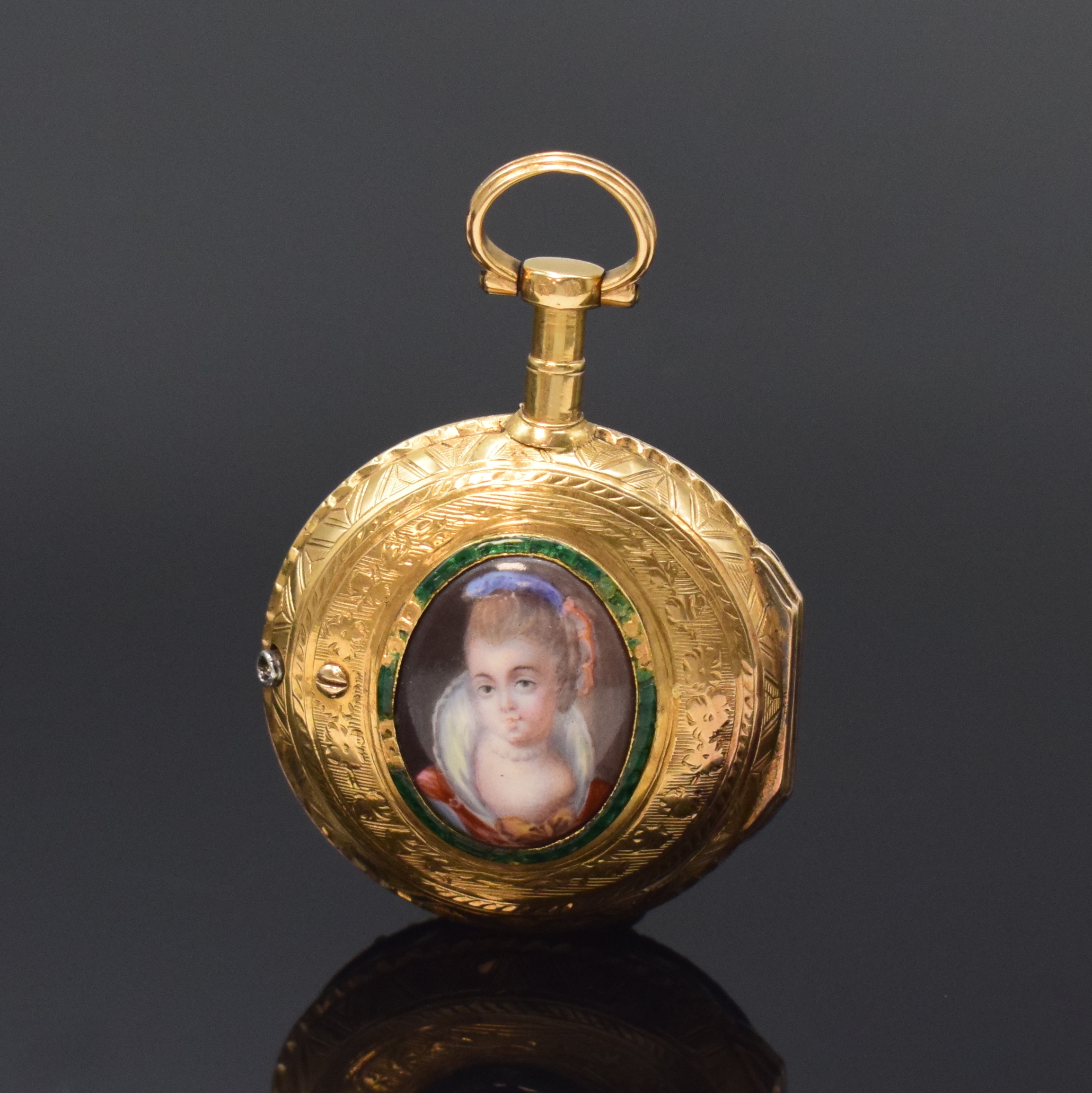Detail a: LEPINE kleine Email-Spindeltaschenuhr in Gold, Frankreich um 1780, Schlüsselaufzug, grav. Geh. m. lang. Pendant, grosses Aussenscharnier, rücks. ...