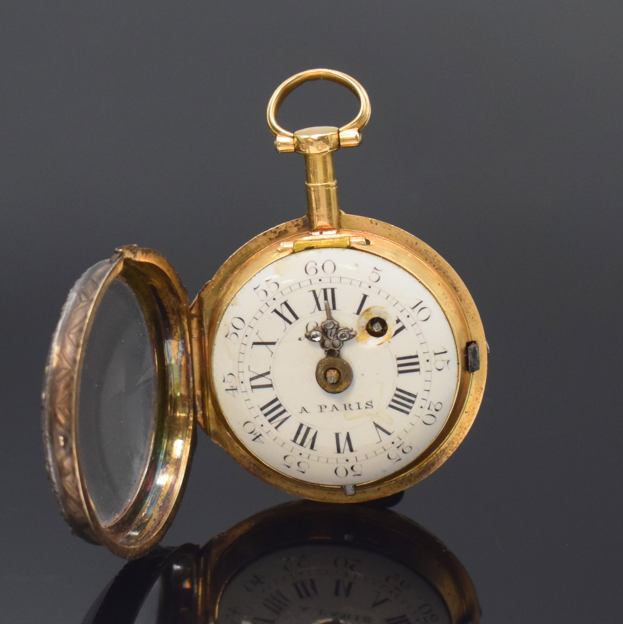 Detail b: LEPINE kleine Email-Spindeltaschenuhr in Gold, Frankreich um 1780, Schlüsselaufzug, grav. Geh. m. lang. Pendant, grosses Aussenscharnier, rücks. ...