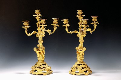 Image Pair of fireplace candlesticks, France, around1870/80, bronze, gilded, each decorated ...