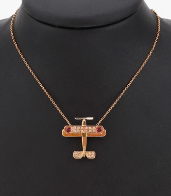 Image 18 kt gold diamond ruby pendant , "biplane",YG/WG 750/000, tested, 20 ...