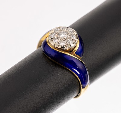 Image 18 kt gold diamond enamel ring , YG 750/000, royal blue enameled, brilliants and 8/8- ...