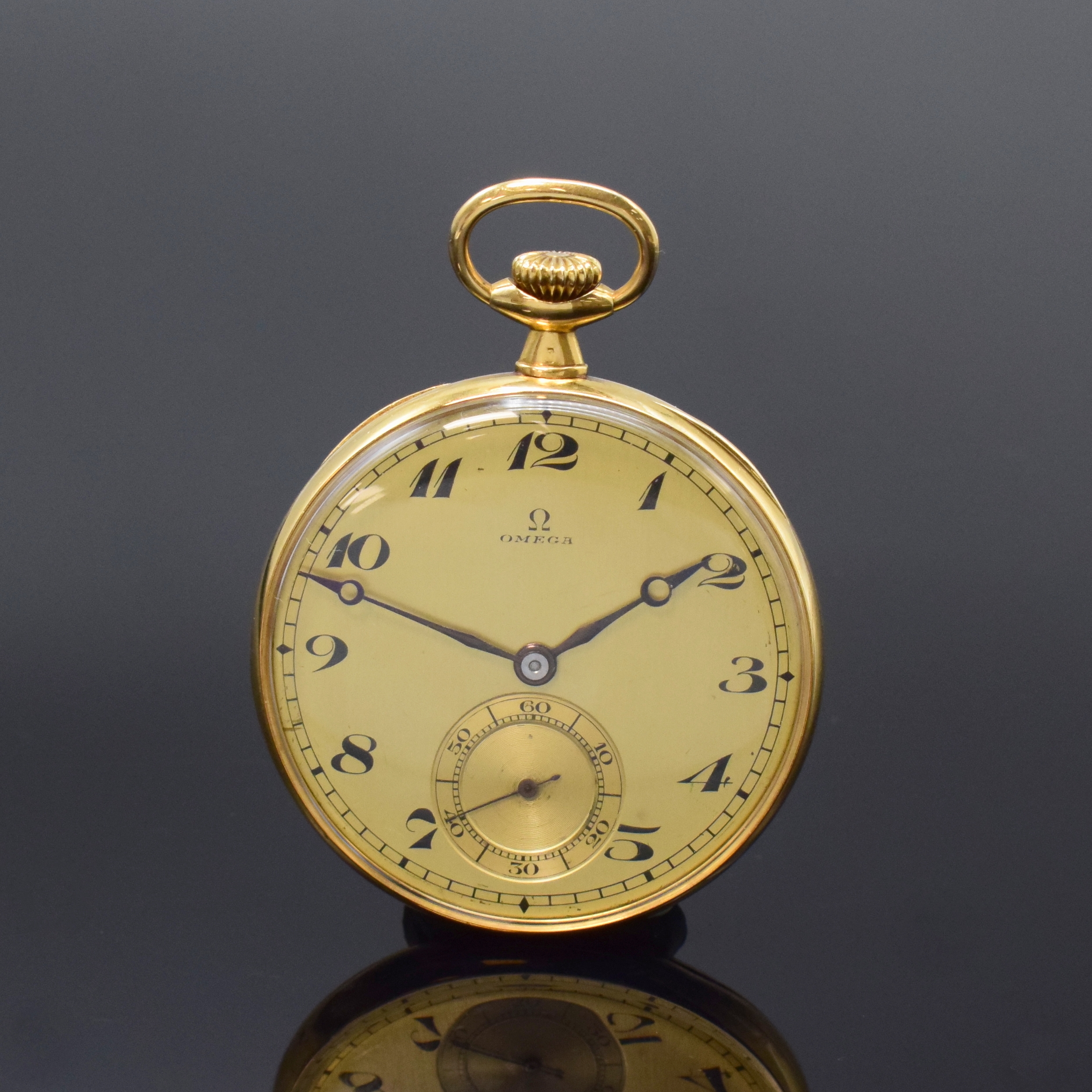OMEGA Frackuhr in GG 750/000, Schweiz um 1916, glattes 2-Deckel Goldgeh. dell., Cuvette m. Medaillengrav., gold. Zifferbl., schwarz. Breguetzahlen, ...