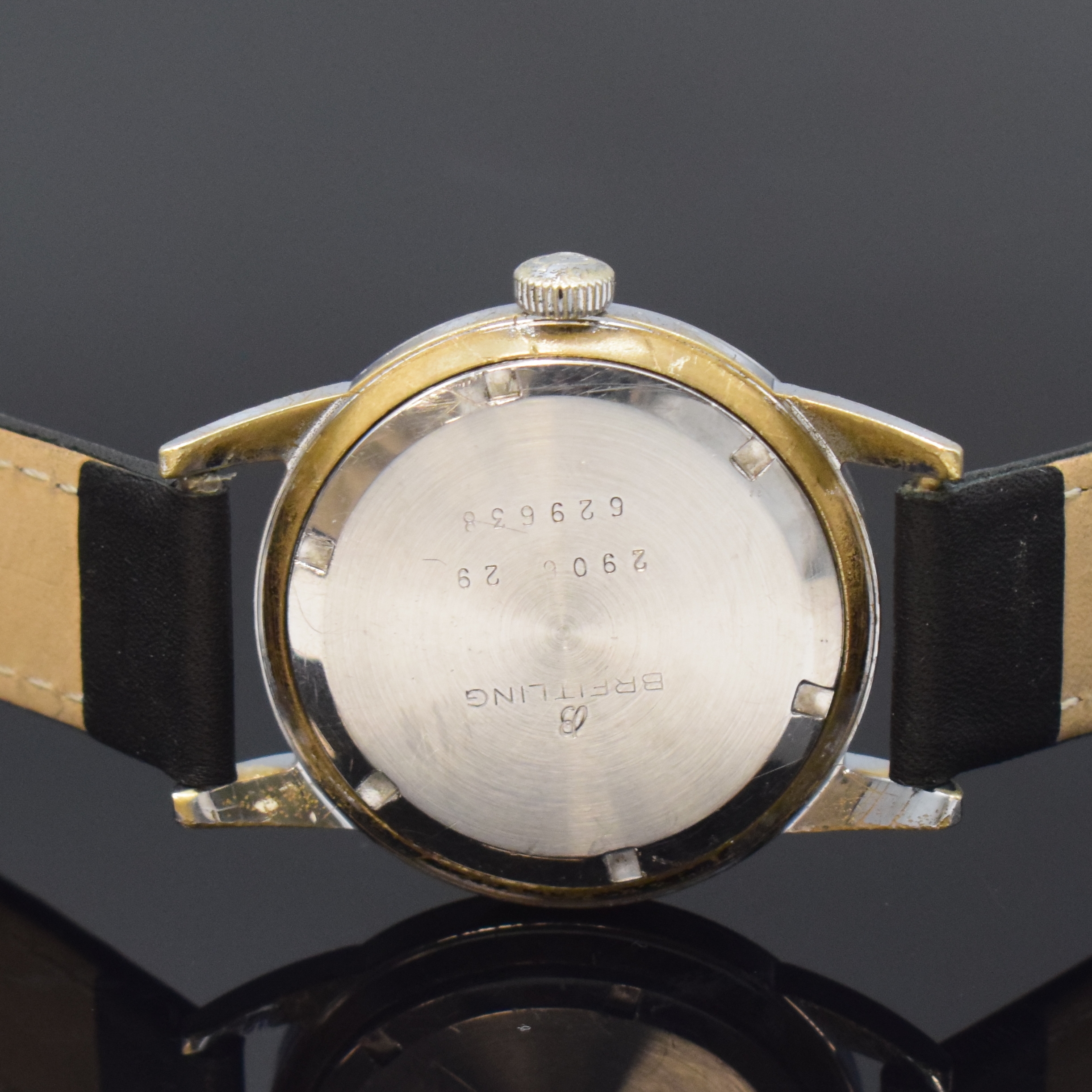 Detail c: BREITLING Referenz 2906 Herrenarmbanduhr, Schweiz um 1945, Handaufzug, verchr. Geh. m. verschr. Stahlboden, orig. Krone, silb. Duoton-Zifferbl. pat., ...