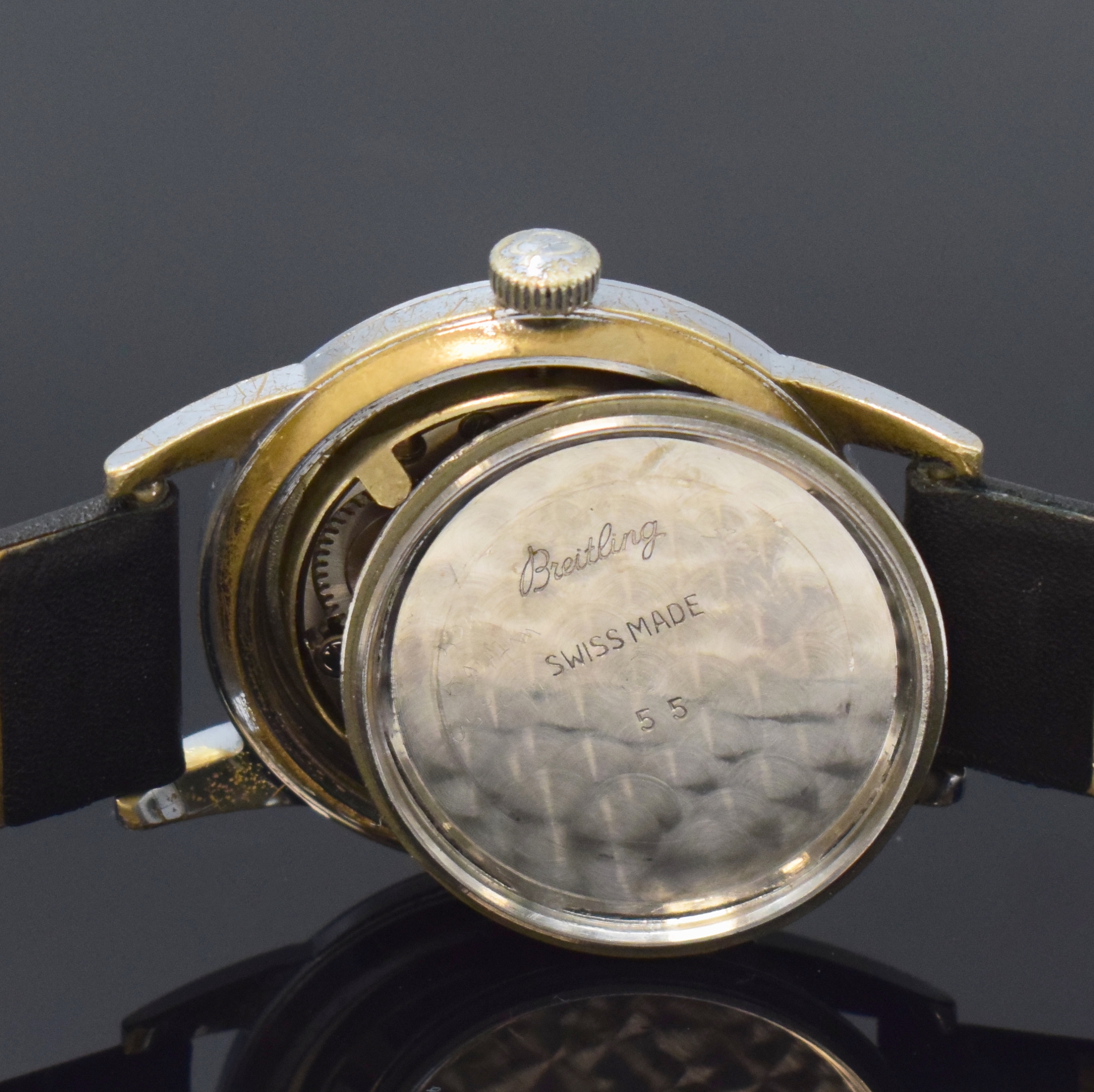 Detail e: BREITLING Referenz 2906 Herrenarmbanduhr, Schweiz um 1945, Handaufzug, verchr. Geh. m. verschr. Stahlboden, orig. Krone, silb. Duoton-Zifferbl. pat., ...