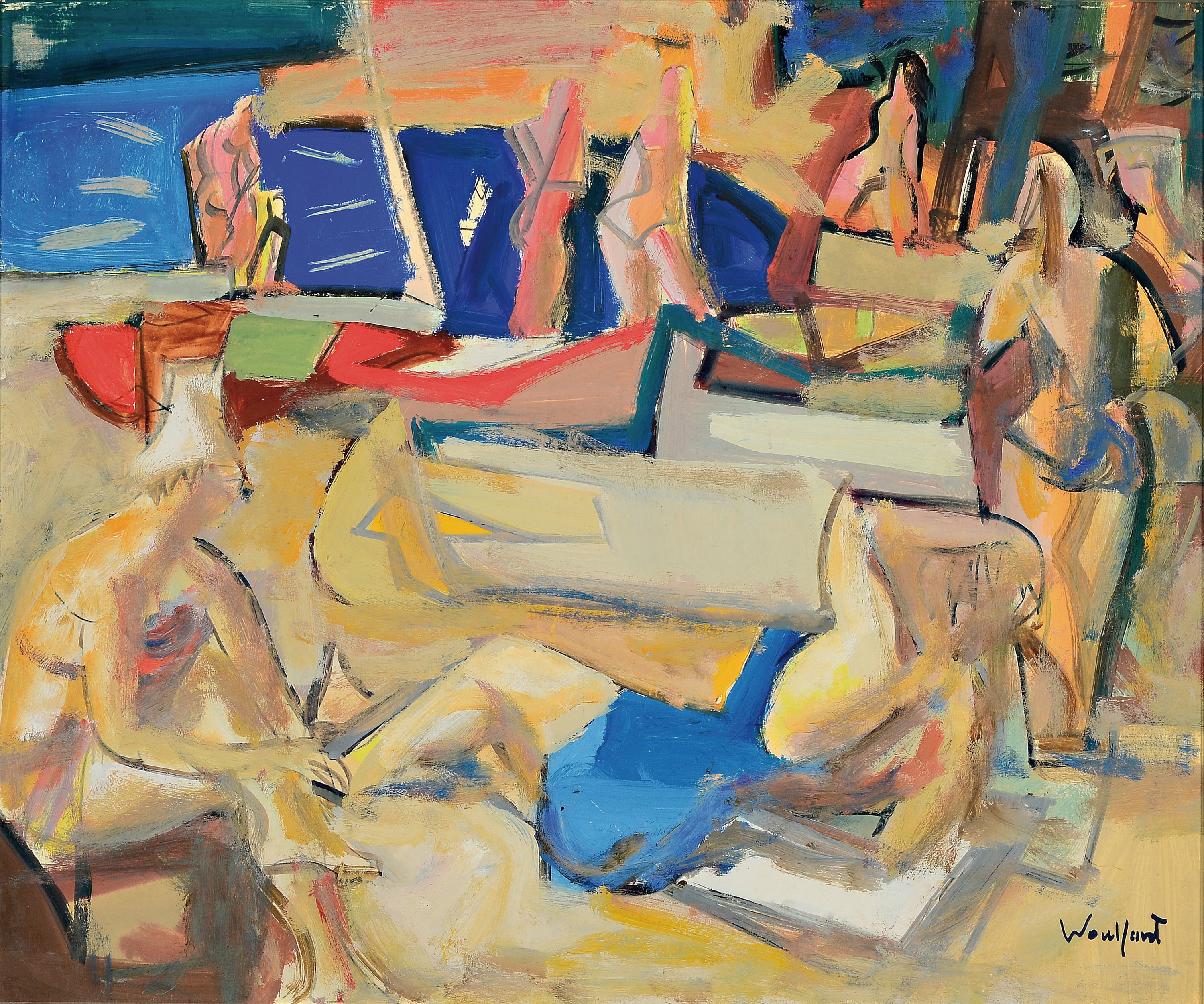 Marius Woulfart, 1905-1991, Badende am Strand, rechts unten signiert, Öl/Karton, Rahmen 53x63 cm