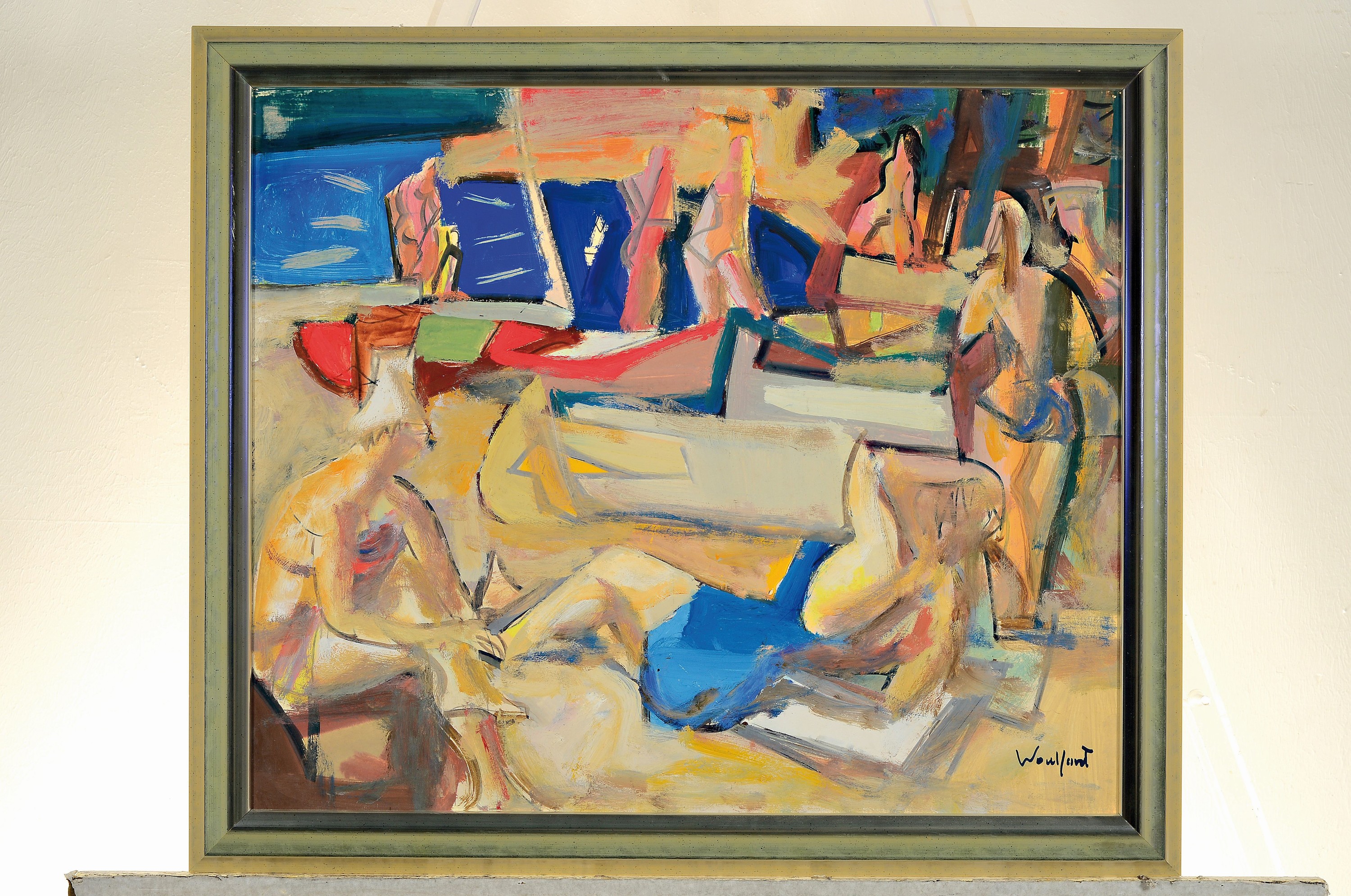 Detail k: Marius Woulfart, 1905-1991, Badende am Strand, rechts unten signiert, Öl/Karton, Rahmen 53x63 cm