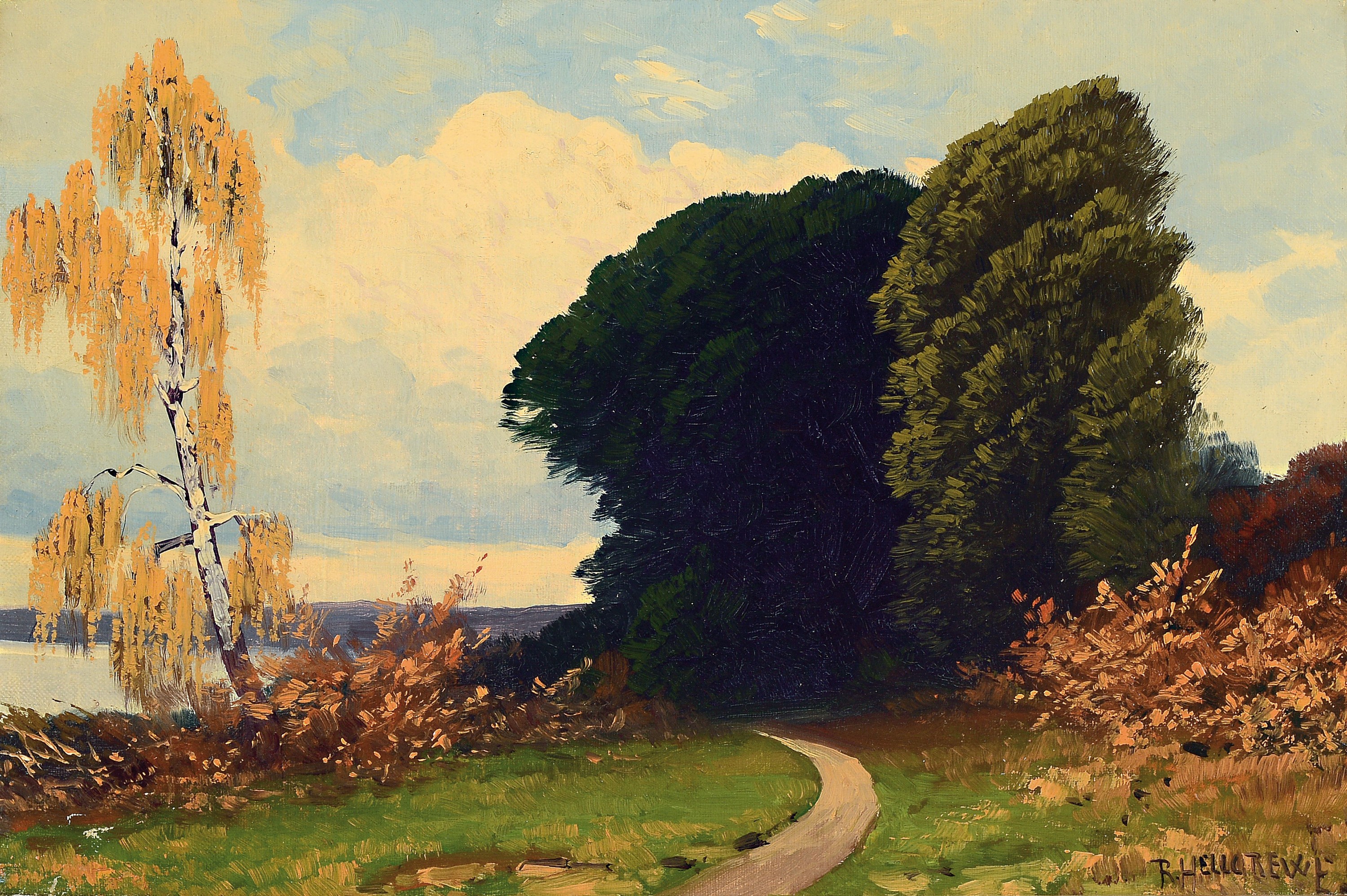 Rudolf Hellgrewe, 1860 Hammerstein-1926 Berlin, Herbstlandschaft an märkischem See, rechts unten signiert, Öl/Lwd, 33x49cm, Rahmen 44x60cm