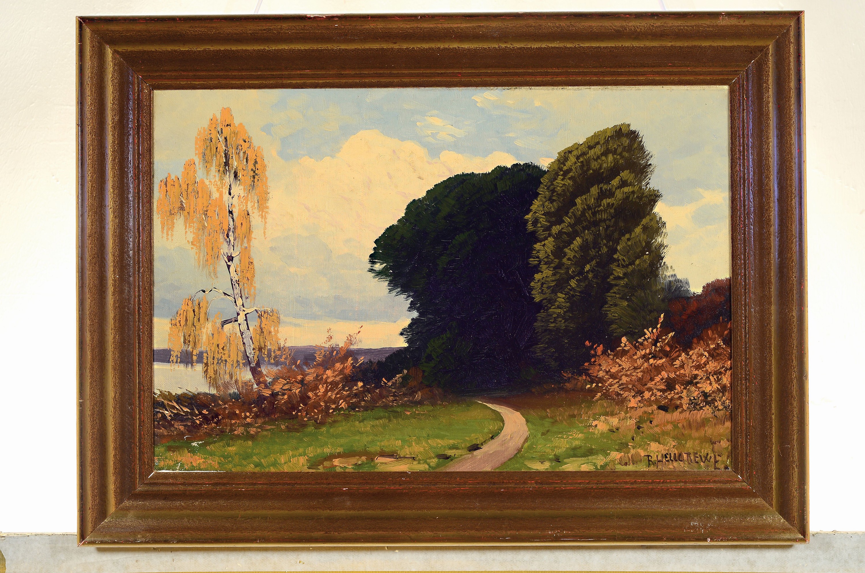 Detail k: Rudolf Hellgrewe, 1860 Hammerstein-1926 Berlin, Herbstlandschaft an märkischem See, rechts unten signiert, Öl/Lwd, 33x49cm, Rahmen 44x60cm