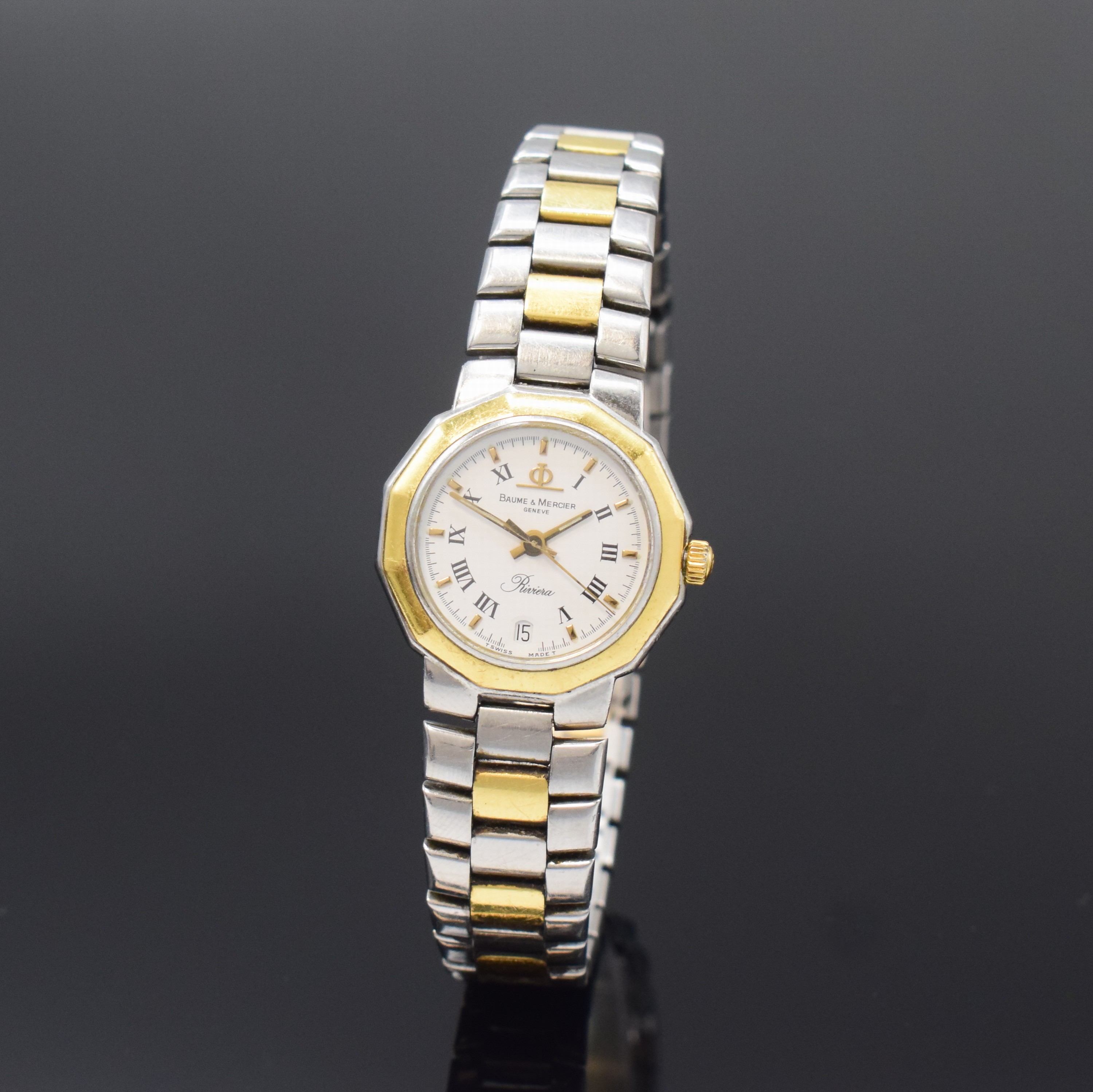 BAUME & MERCIER Riviera Damenarmbanduhr in Stahl/Gold Referenz 5231.038, Schweiz um 1985, quartz, 12-eckiges Geh., Boden u. Krone verschr., integr. ...