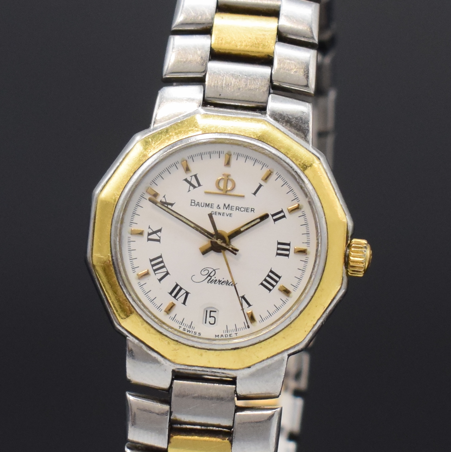 Detail a: BAUME & MERCIER Riviera Damenarmbanduhr in Stahl/Gold Referenz 5231.038, Schweiz um 1985, quartz, 12-eckiges Geh., Boden u. Krone verschr., integr. ...