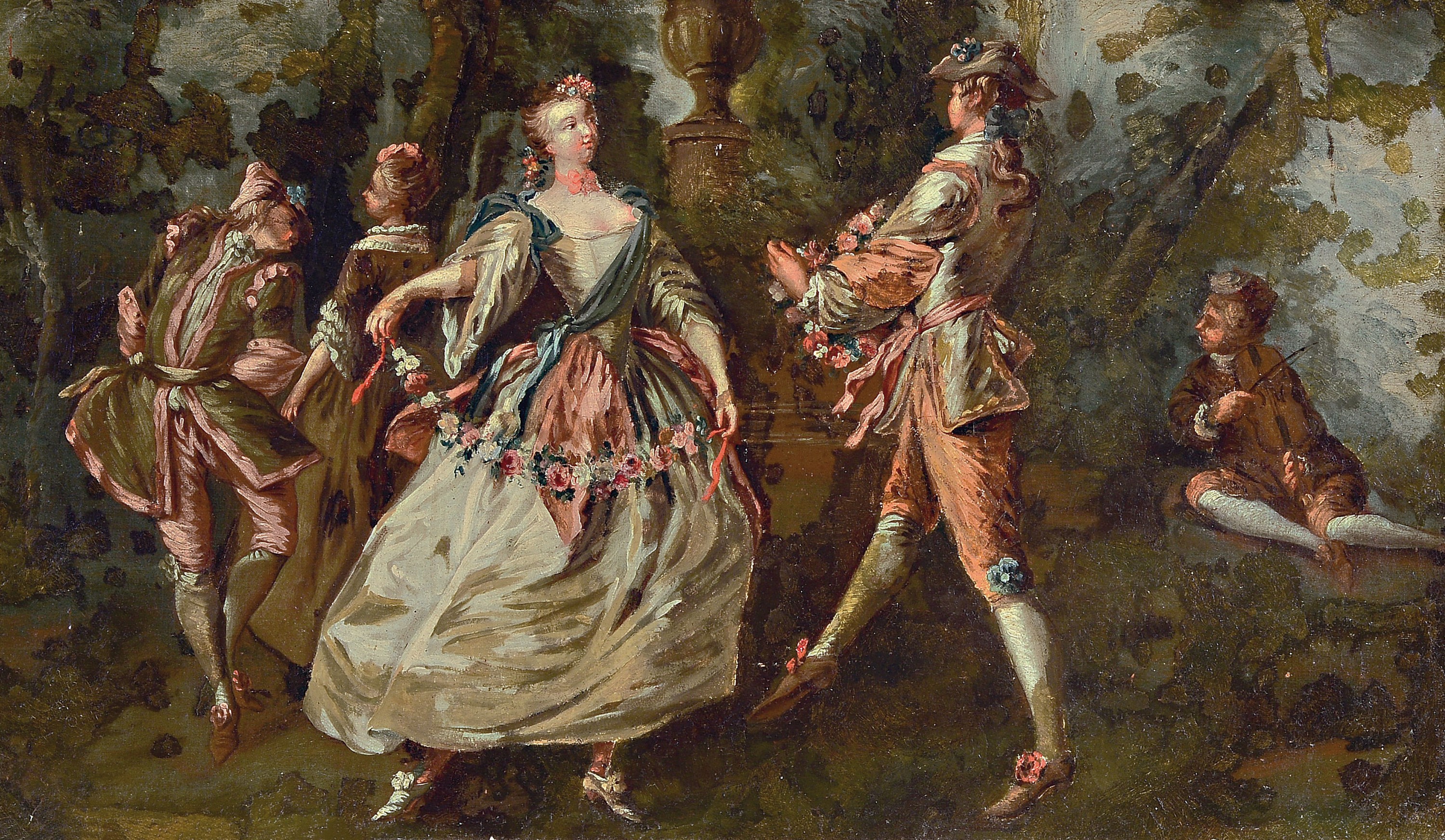 Unbekannter Künstler des 18.Jh., Fete galante im Stile Bouchers und Fragonards, Parklandschaft mit zwei kokettierende Pärchen mit Blumengirlanden, ...
