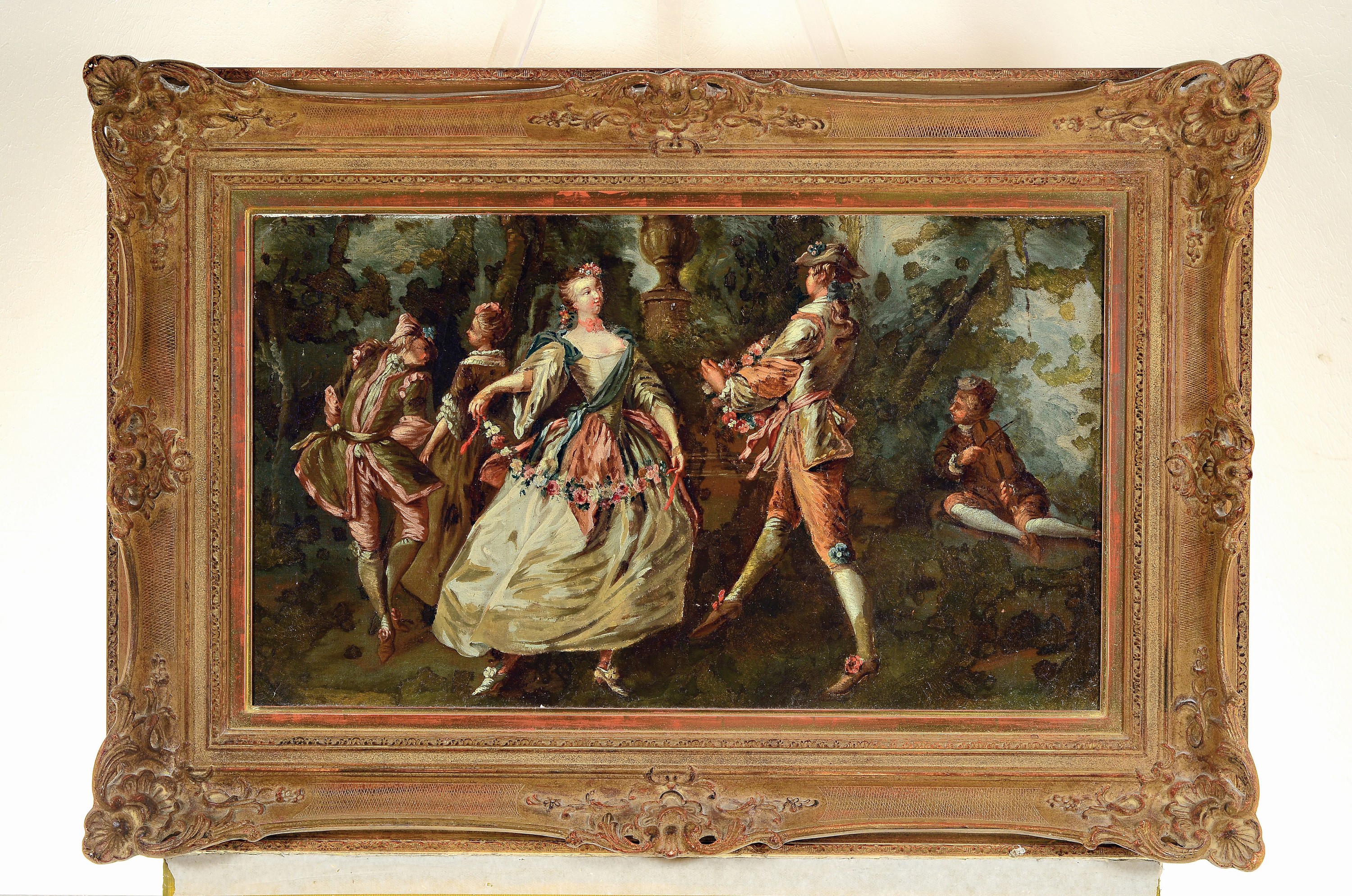 Detail k: Unbekannter Künstler des 18.Jh., Fete galante im Stile Bouchers und Fragonards, Parklandschaft mit zwei kokettierende Pärchen mit Blumengirlanden, ...