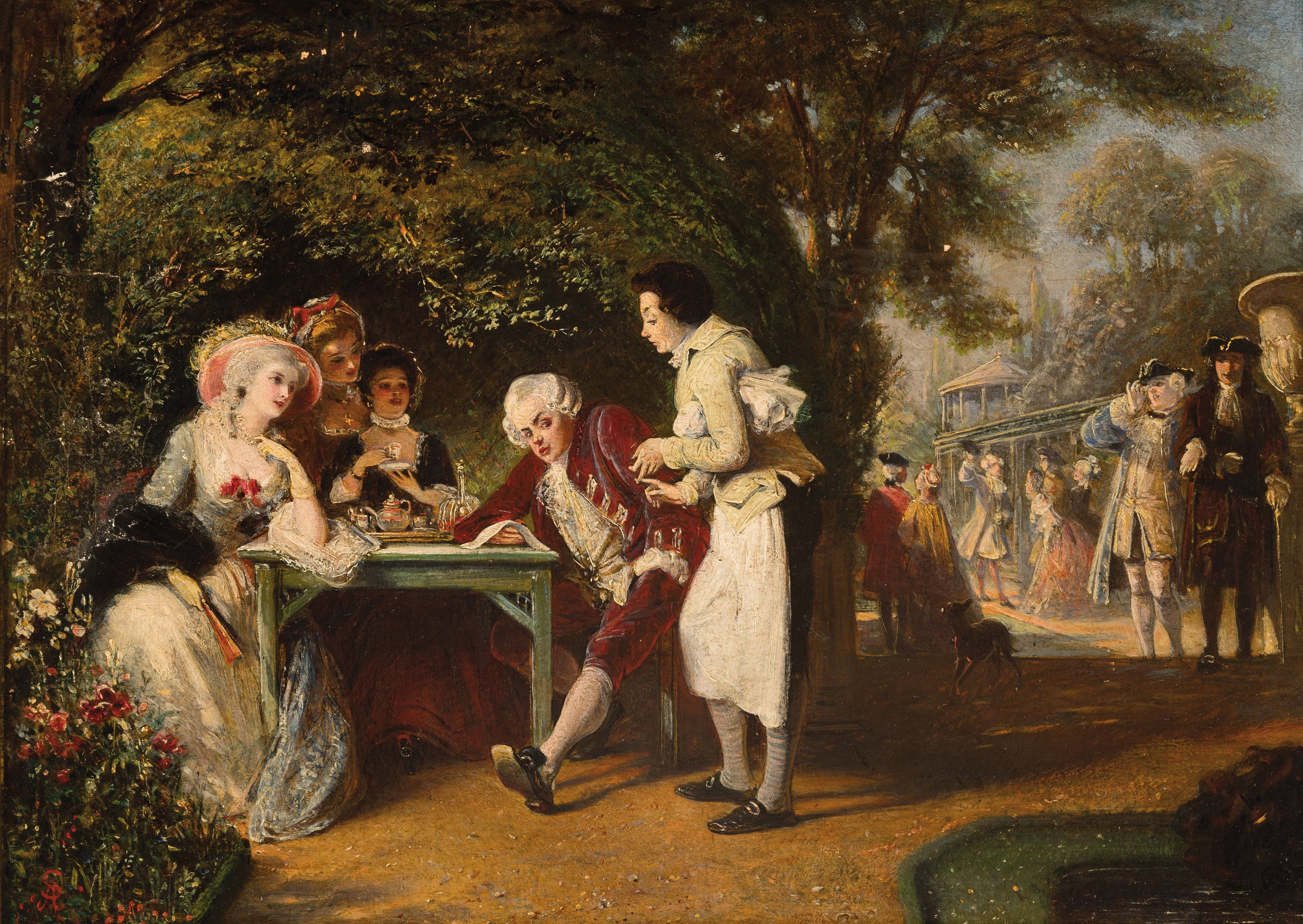 Abraham Solomon, 1824 London-1862 Biaritz, fete galante, karikierende Darstellung eines geizigen Adligen in Gesellschaft, vielfigurige Szene, wohl ...