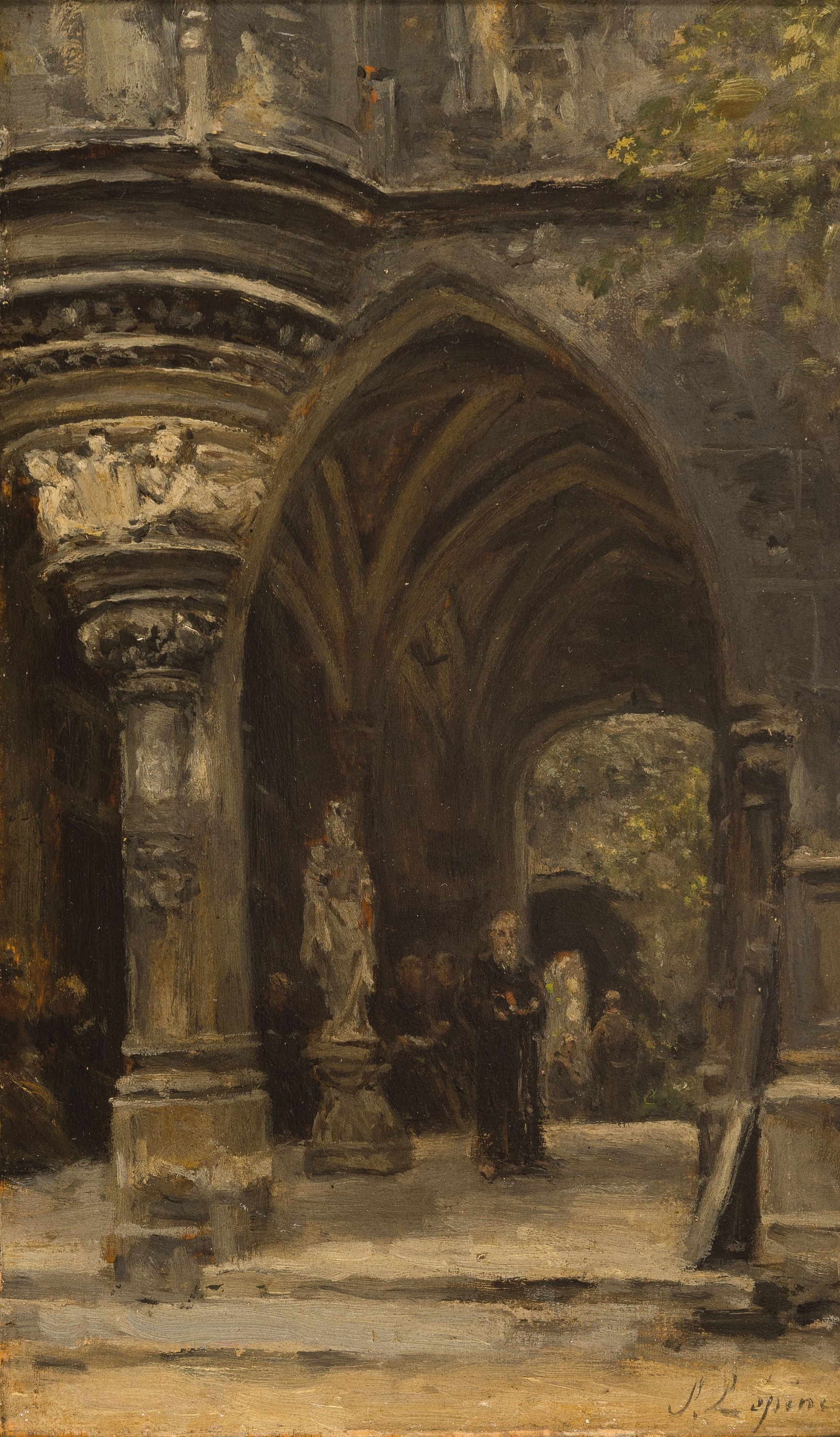 Stanislas Lepine, 1835 Caen-1892 Paris, "Cloitre dome fra luzanne" so verso auf altem Etikett bezeichnet, Architekturstudie des Kreuzganges ...