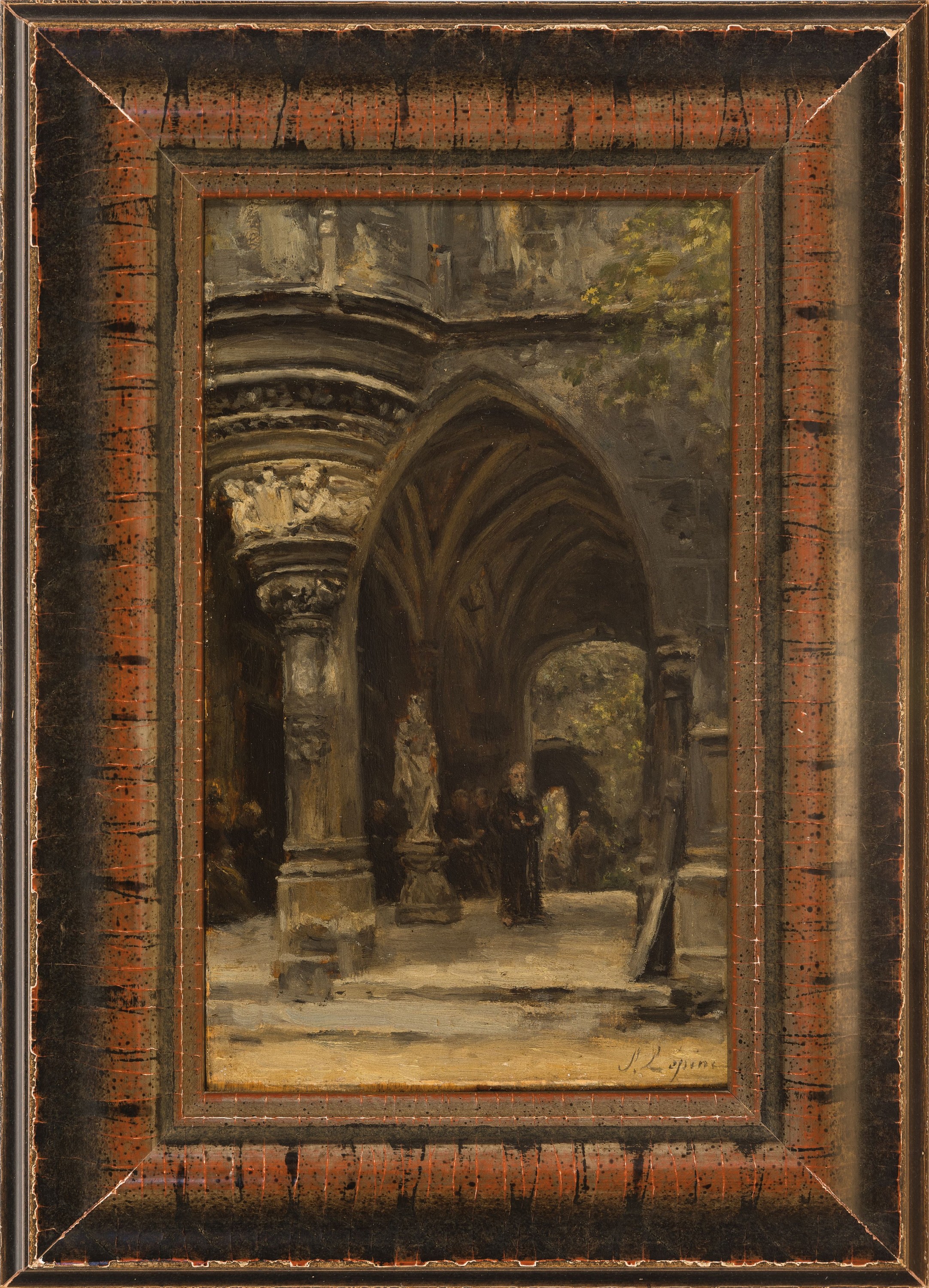Detail k: Stanislas Lepine, 1835 Caen-1892 Paris, "Cloitre dome fra luzanne" so verso auf altem Etikett bezeichnet, Architekturstudie des Kreuzganges ...