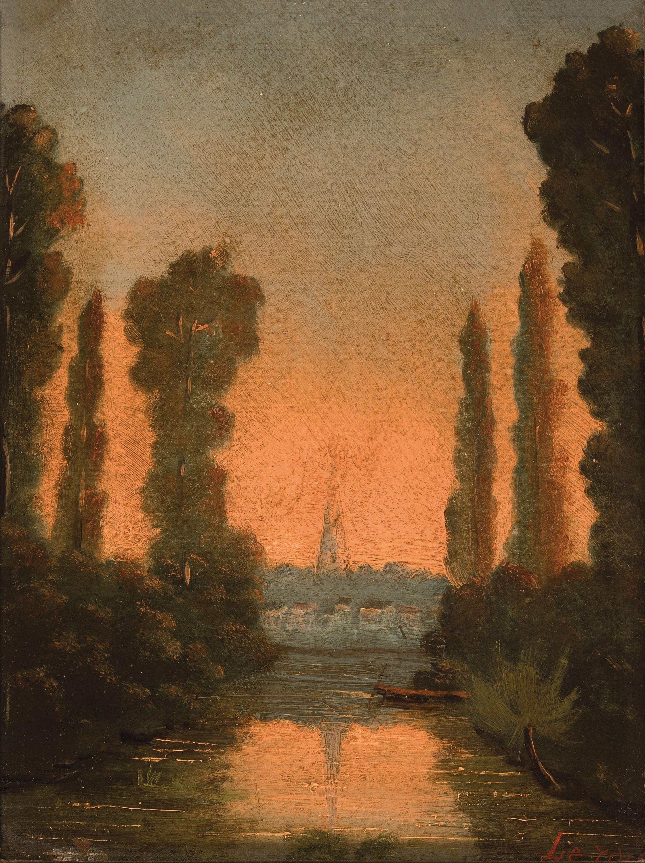 Zuschreibung: Charles Leroux, 1814-1895 Nantes, Flusslandschaft bei Sonnenuntergang, sich im Wasser spiegelnder Kirchturm eines Dorfes, rechts unten ...